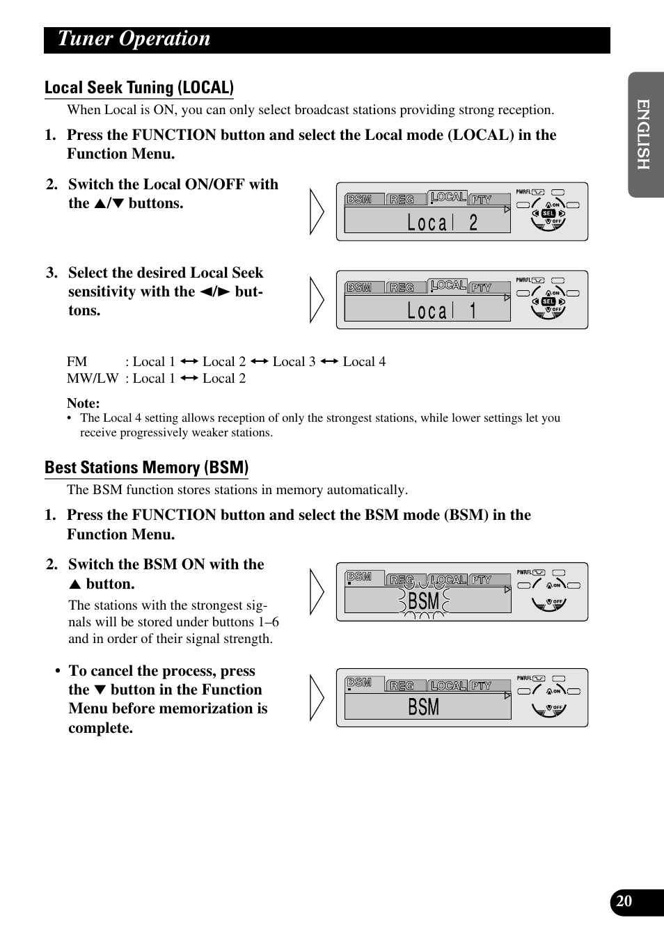 Tuner operation, Local seek tuning (local), Best stations memory (bsm) | Pioneer DEH-P6300R User Manual | Page 21 / 140