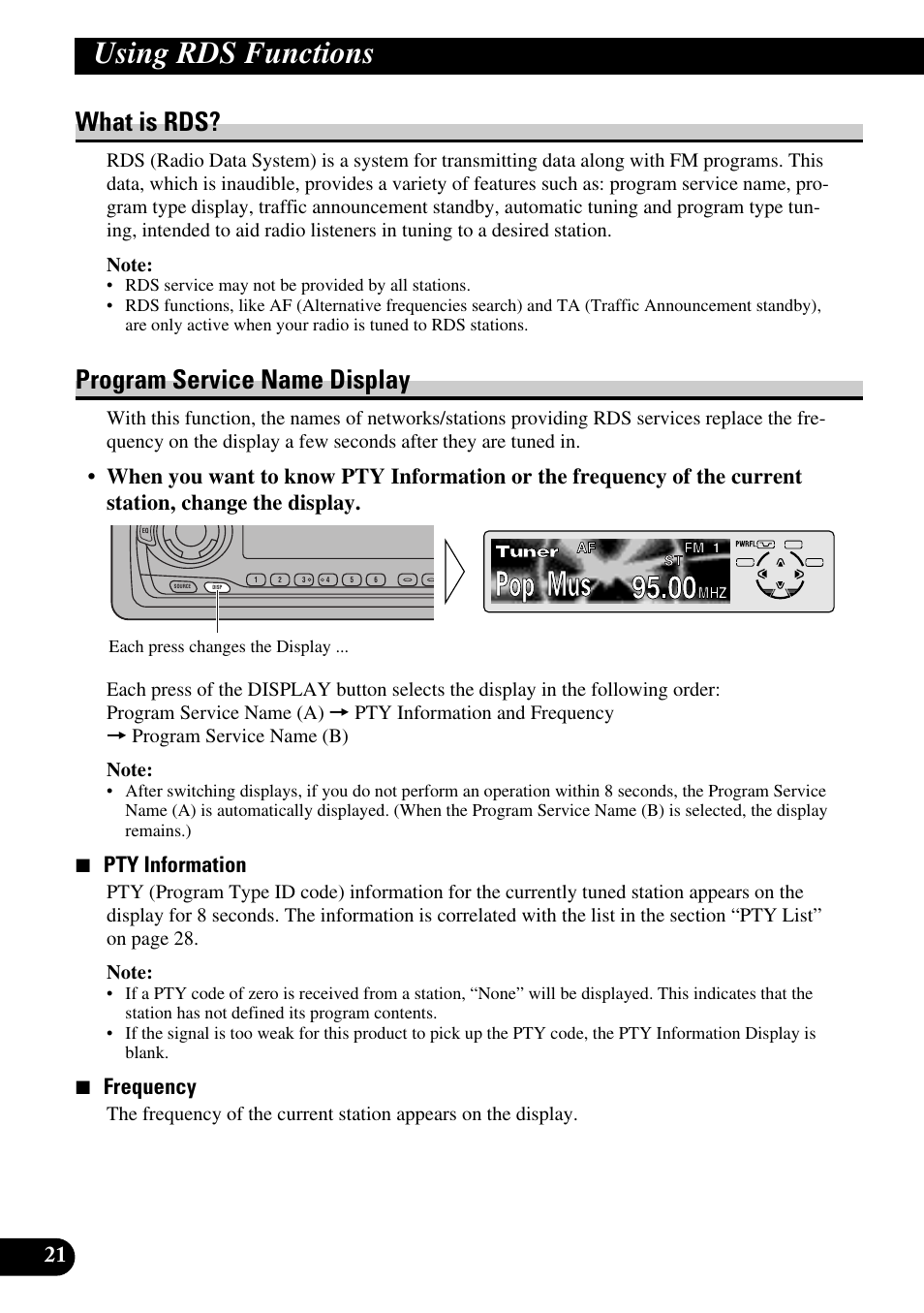 Using rds functions, What is rds? program service name display, A title (english) | What is rds, Program service name display, 7 pty information, 7 frequency | Pioneer DEH-P6300R User Manual | Page 22 / 140