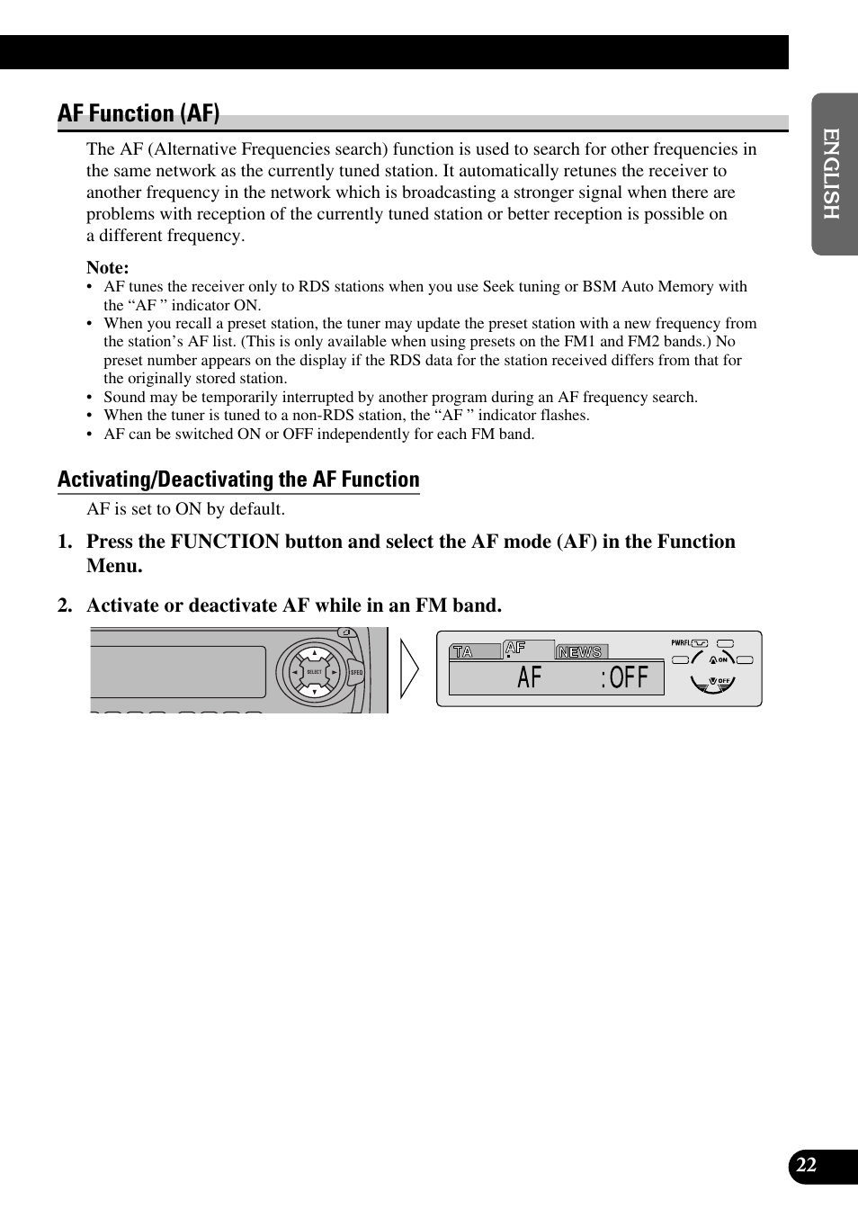 Af function (af), Activating/deactivating the af function, A title (english) | Pioneer DEH-P6300R User Manual | Page 23 / 140