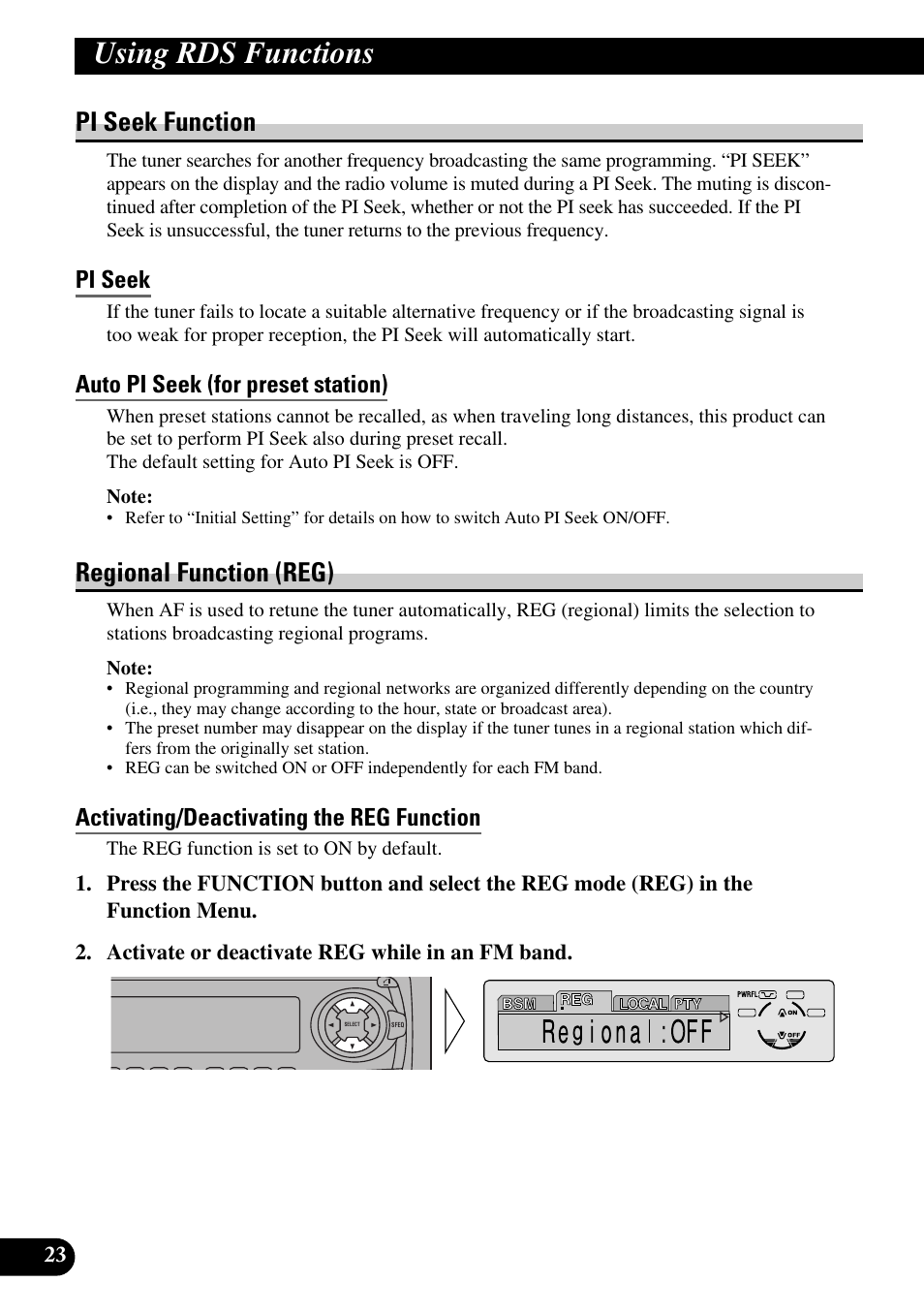 Pi seek function, Pi seek, Auto pi seek (for preset station) | Regional function (reg), Activating/deactivating the reg function, A title (english), Using rds functions | Pioneer DEH-P6300R User Manual | Page 24 / 140