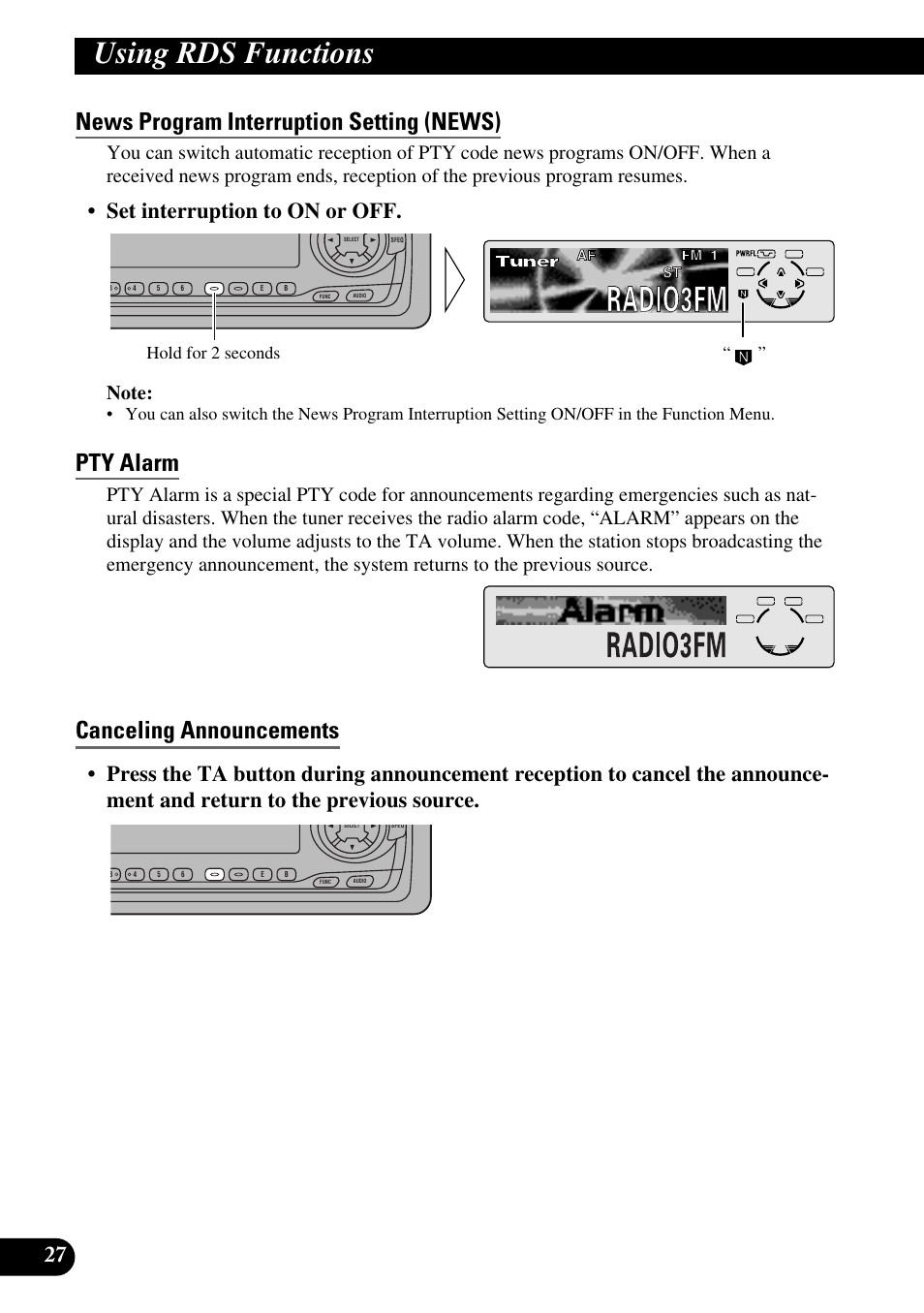 News program interruption setting (news), Pty alarm, Canceling announcements | A title (english), Using rds functions, Set interruption to on or off, Hold for 2 seconds | Pioneer DEH-P6300R User Manual | Page 28 / 140
