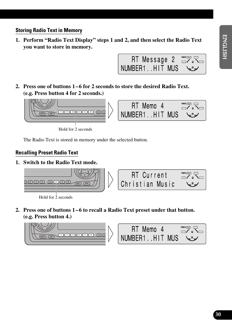 Storing radio text in memory, Recalling preset radio text, Hold for 2 seconds | Pioneer DEH-P6300R User Manual | Page 31 / 140