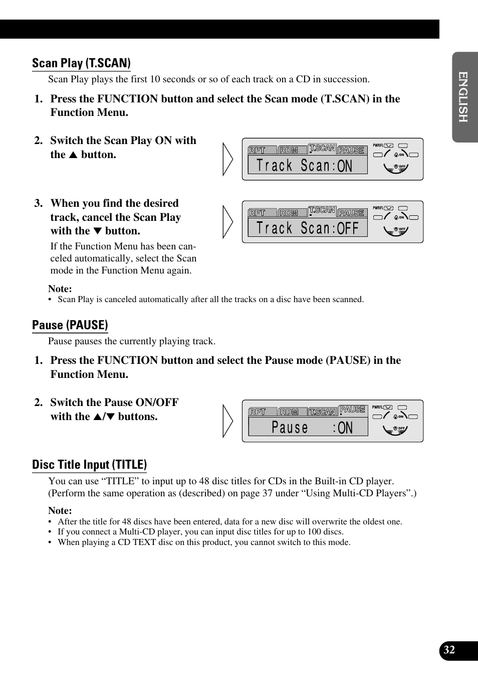 Scan play (t.scan), Pause (pause), Disc title input (title) | A title (english) | Pioneer DEH-P6300R User Manual | Page 33 / 140