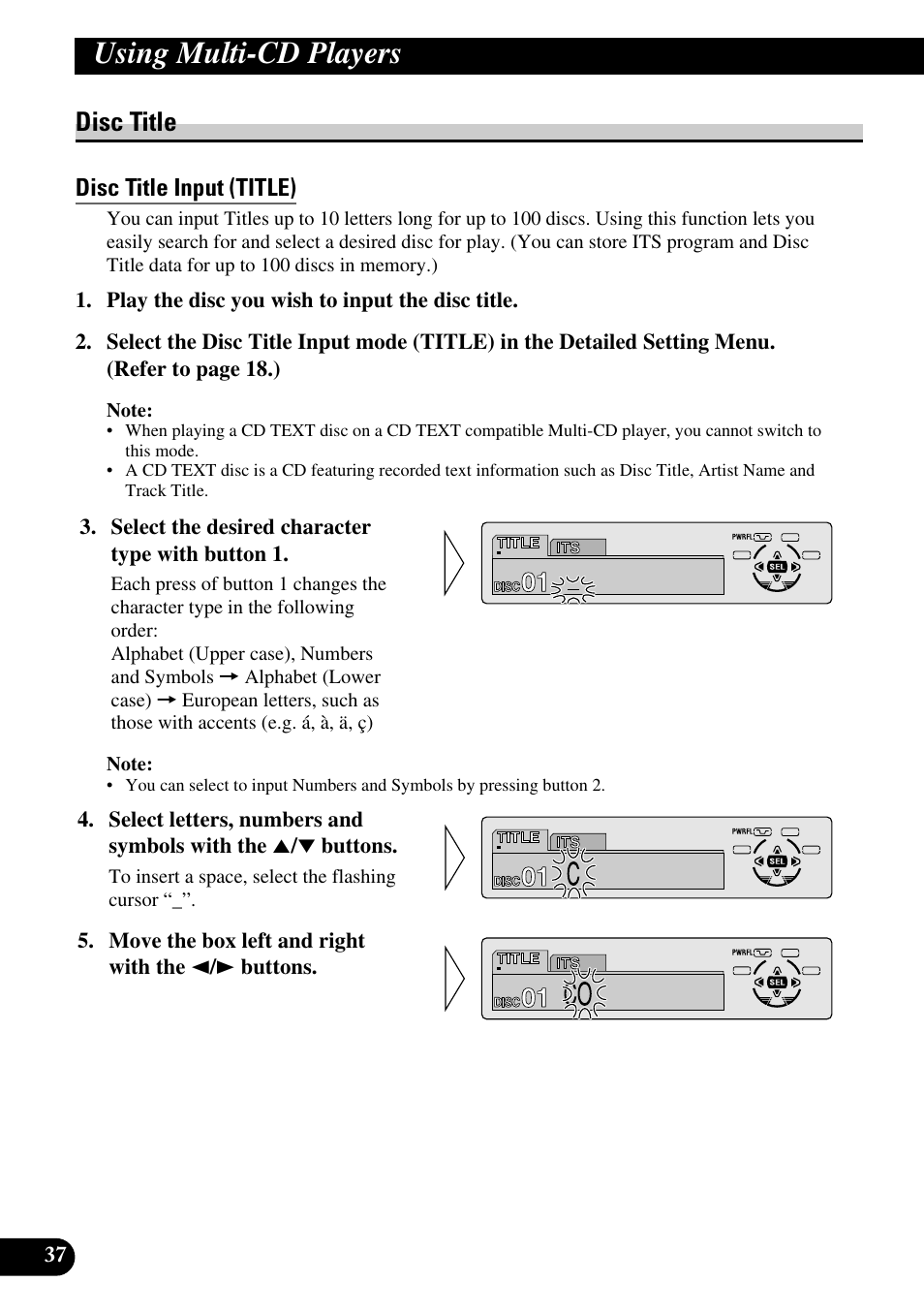 Disc title, Disc title input (title), A title (english) | Using multi-cd players | Pioneer DEH-P6300R User Manual | Page 38 / 140
