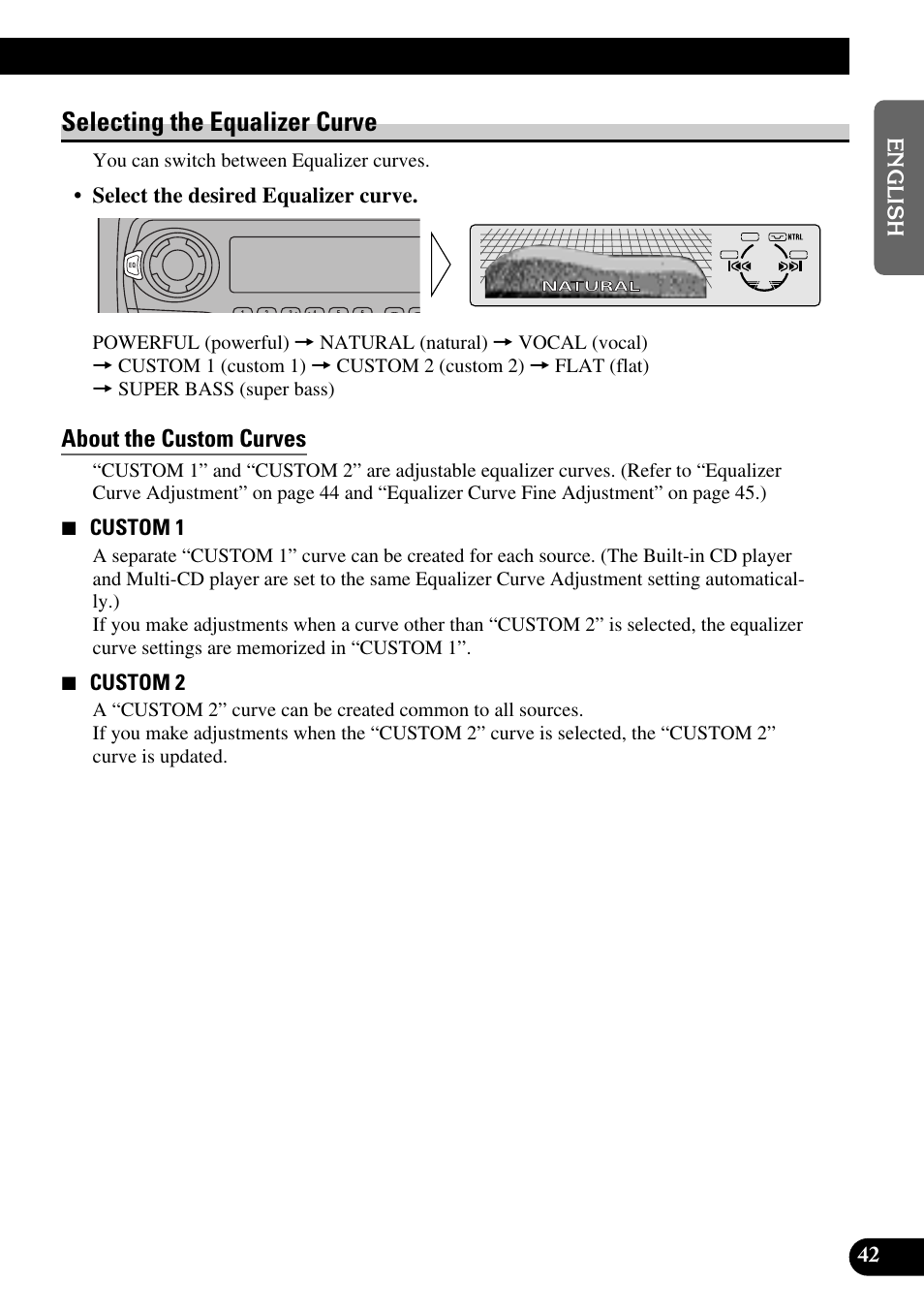 Selecting the equalizer curve, About the custom curves, A title (english) | Select the desired equalizer curve, 7 custom 1, 7 custom 2 | Pioneer DEH-P6300R User Manual | Page 43 / 140