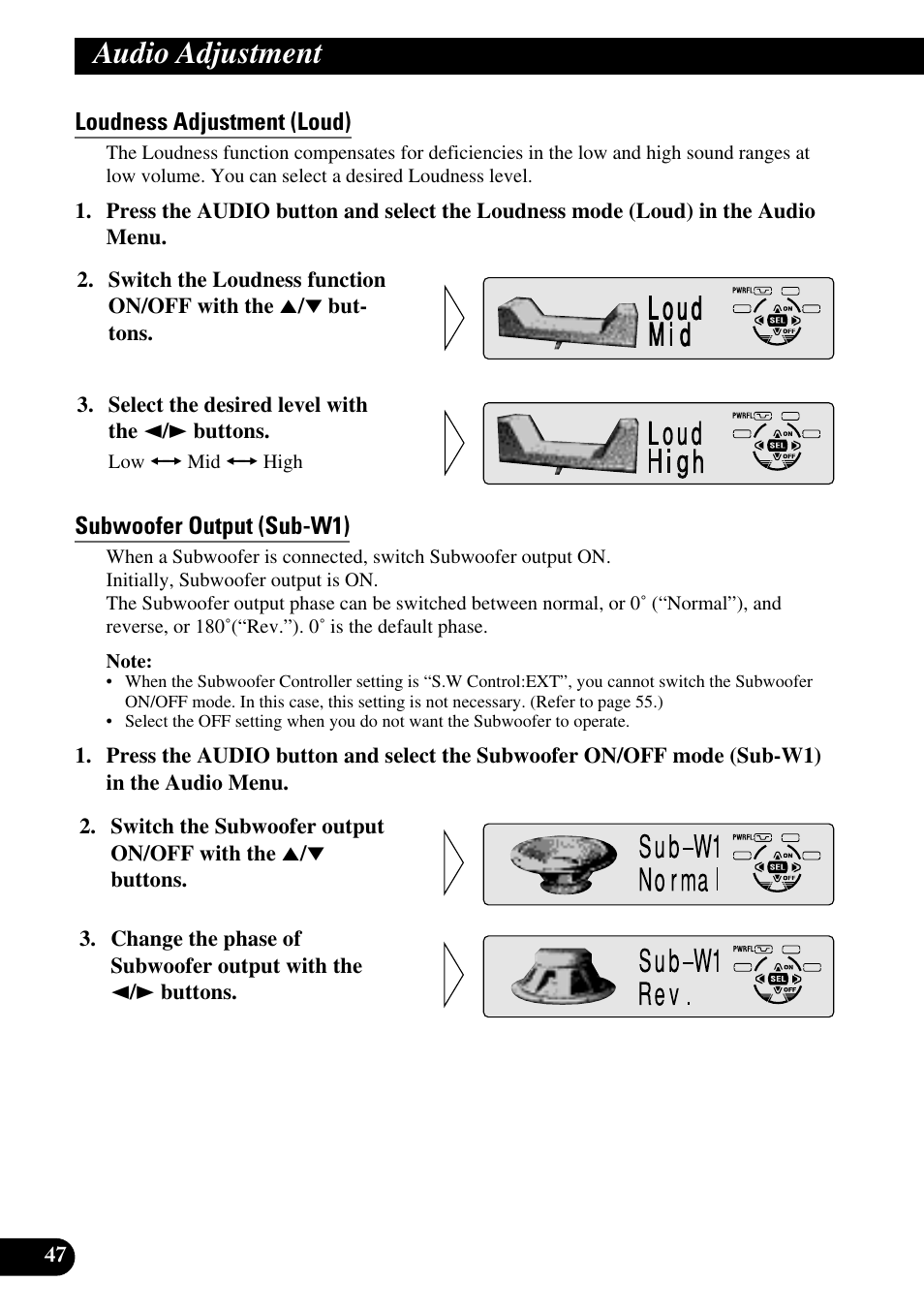 Loudness adjustment (loud), Subwoofer output (sub-w1), Audio adjustment | Pioneer DEH-P6300R User Manual | Page 48 / 140