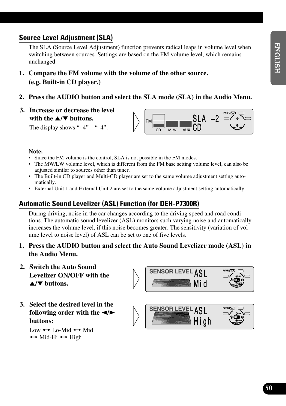 Source level adjustment (sla), Automatic sound levelizer (asl) function | Pioneer DEH-P6300R User Manual | Page 51 / 140