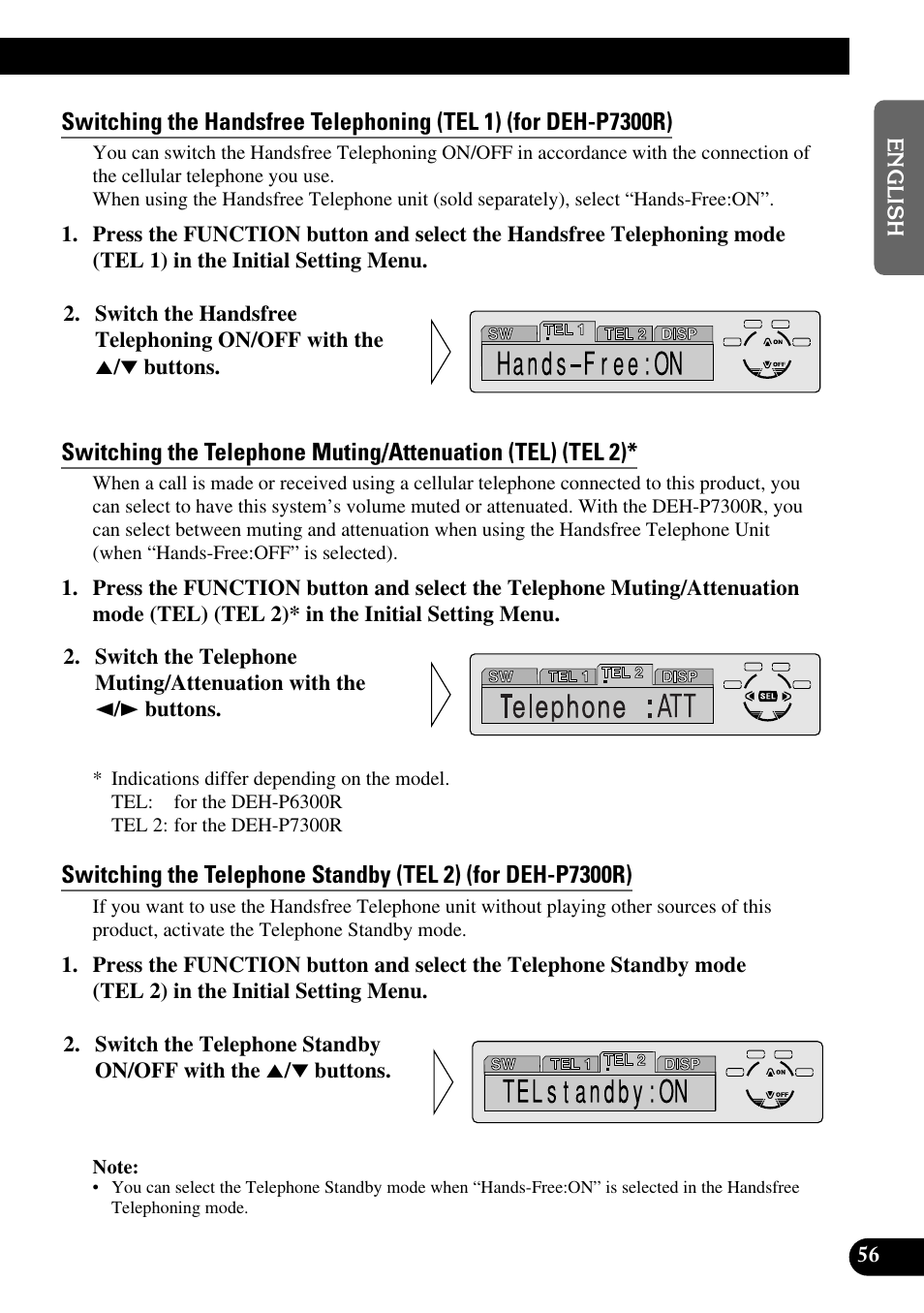 Switching the handsfree telephoning (tel 1), Switching the telephone standby (tel 2) | Pioneer DEH-P6300R User Manual | Page 57 / 140
