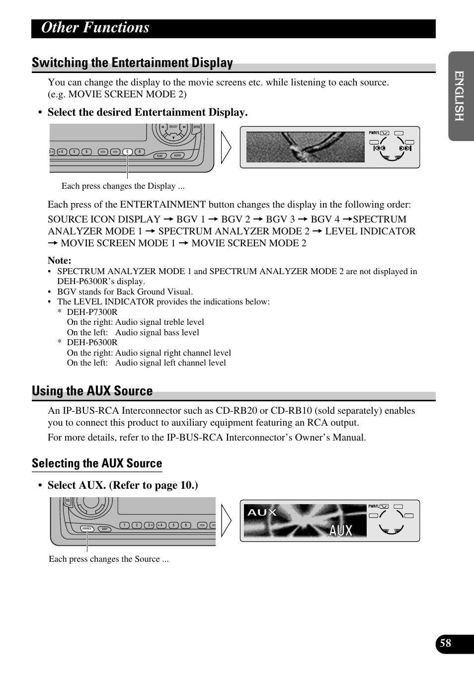 Other functions, Selecting the aux source, A title (english) | Switching the entertainment display, Using the aux source, Select the desired entertainment display, Select aux. (refer to page 10.) | Pioneer DEH-P6300R User Manual | Page 59 / 140