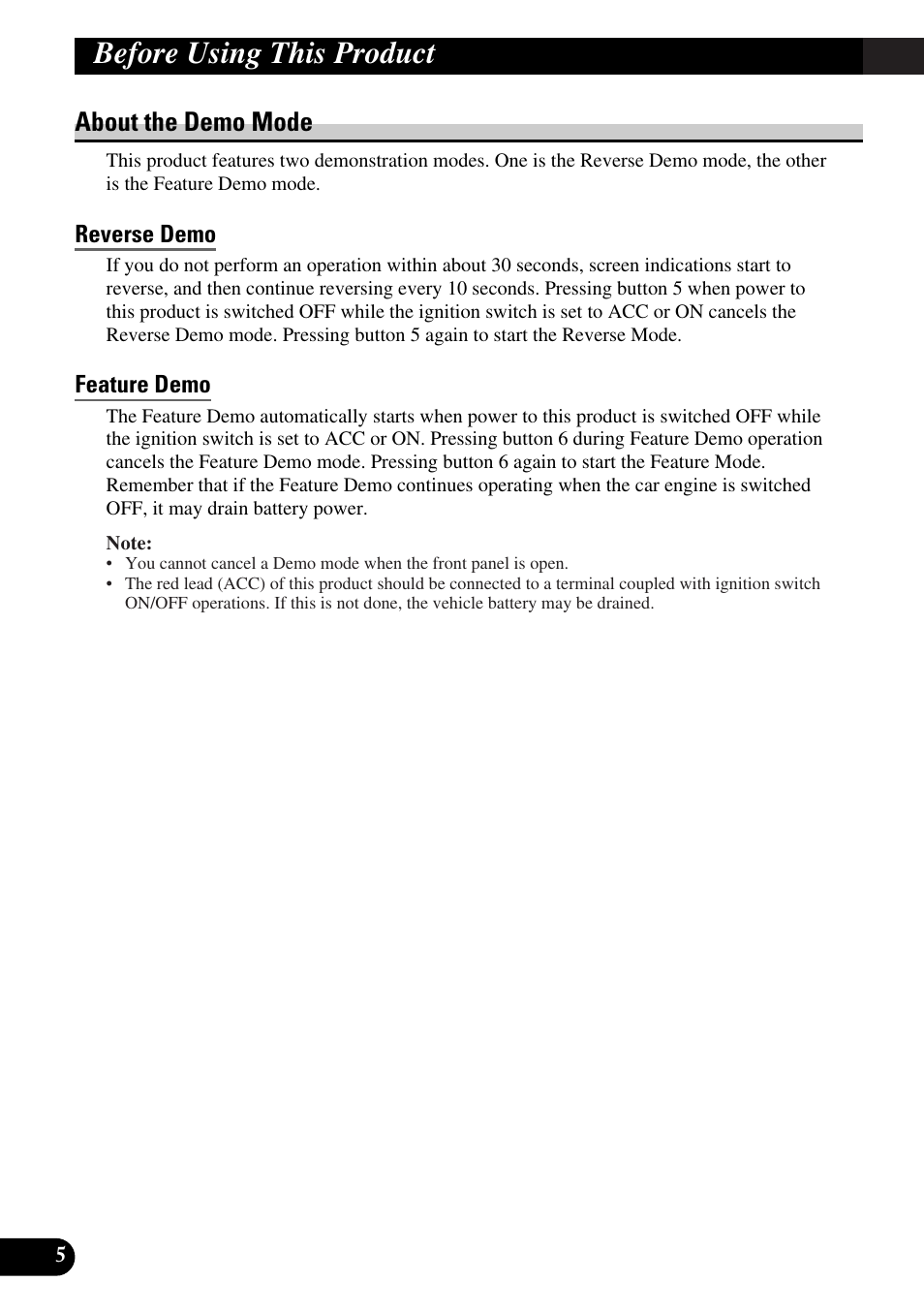 About the demo mode, Reverse demo, Feature demo | Before using this product | Pioneer DEH-P6300R User Manual | Page 6 / 140