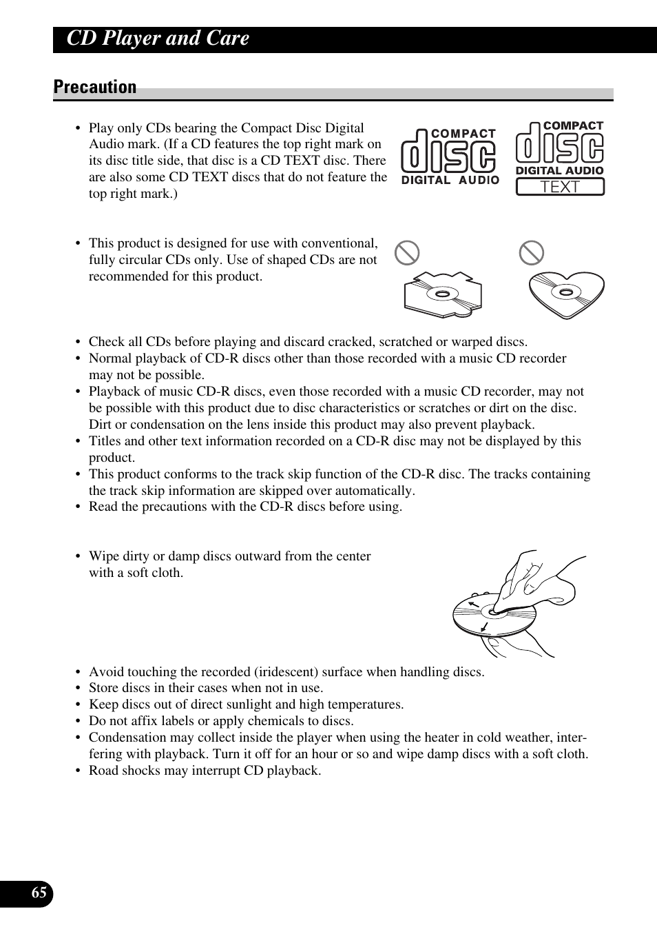 Cd player and care, Precaution | Pioneer DEH-P6300R User Manual | Page 66 / 140