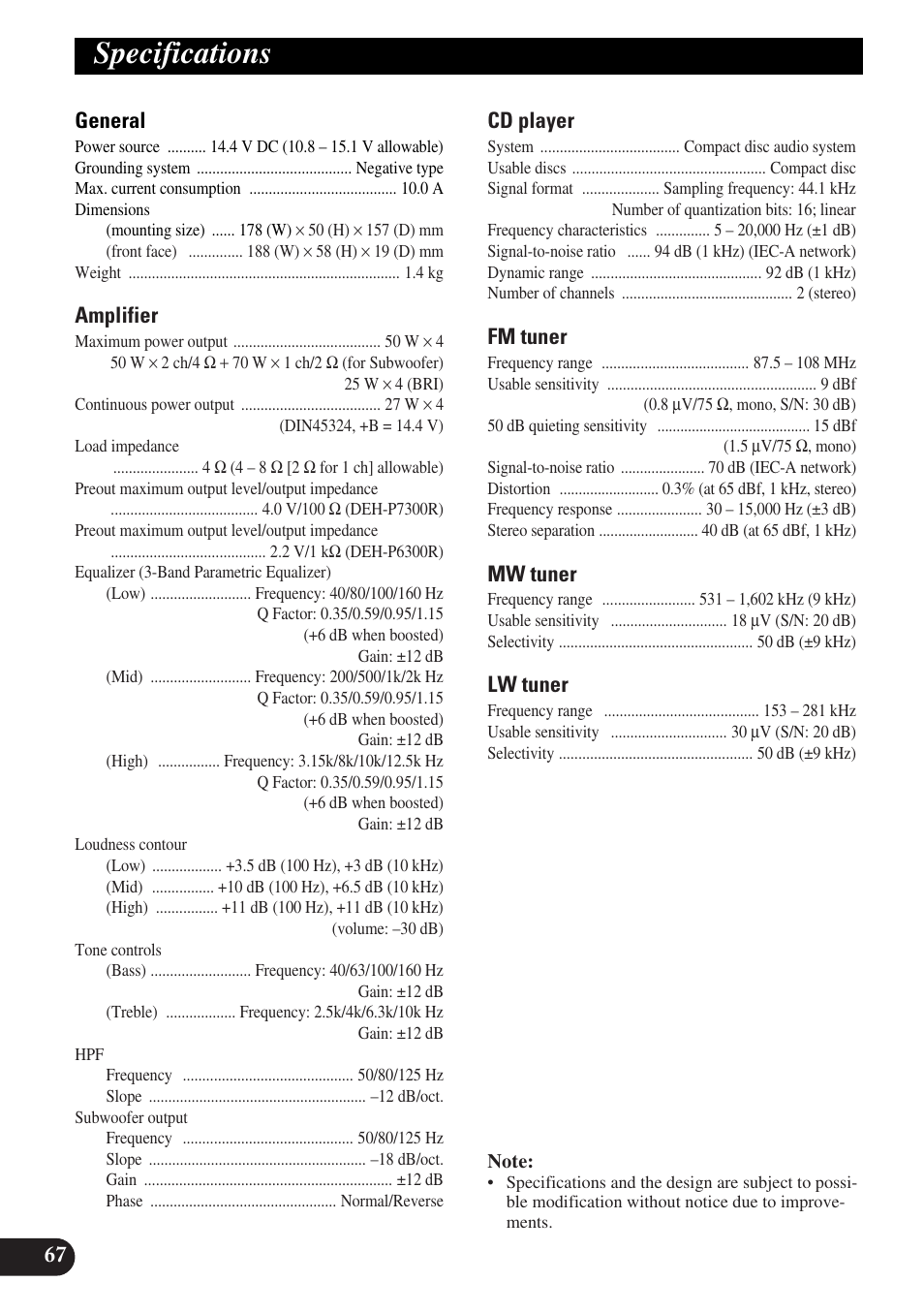 Specifications, A title (english) specifications | Pioneer DEH-P6300R User Manual | Page 68 / 140