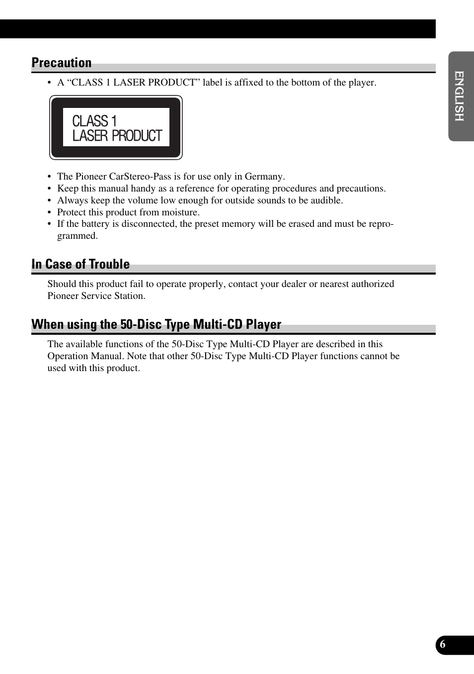 Multi-cd player, Precaution, When using the 50-disc type multi-cd player | Pioneer DEH-P6300R User Manual | Page 7 / 140