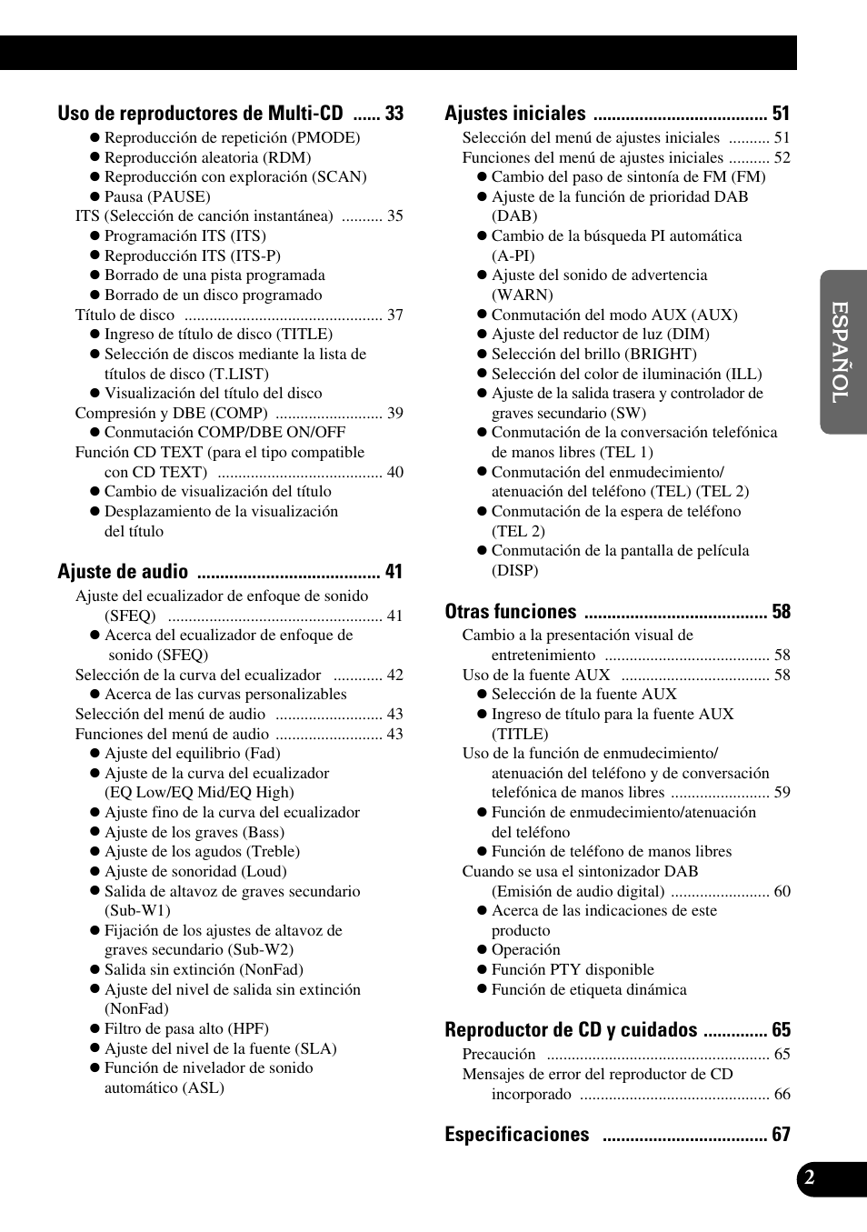 Uso de reproductores de multi-cd, Ajuste de audio, Ajustes iniciales | Otras funciones, Reproductor de cd y cuidados | Pioneer DEH-P6300R User Manual | Page 71 / 140