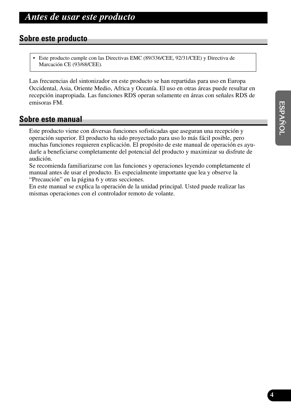 Antes de usar este producto, Sobre este producto sobre este manual, Sobre este producto | Sobre este manual | Pioneer DEH-P6300R User Manual | Page 73 / 140