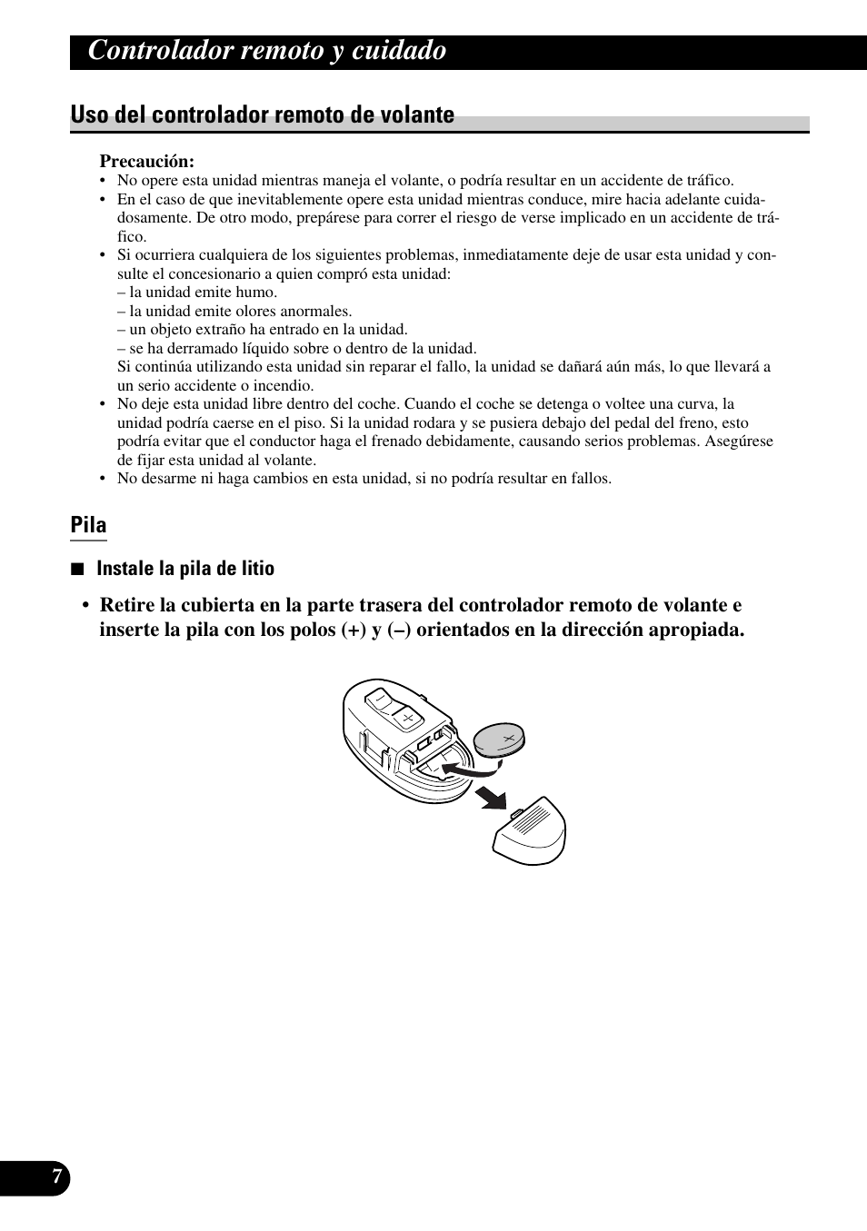 Controlador remoto y cuidado, Uso del controlador remoto de volante, Pila | Pioneer DEH-P6300R User Manual | Page 76 / 140