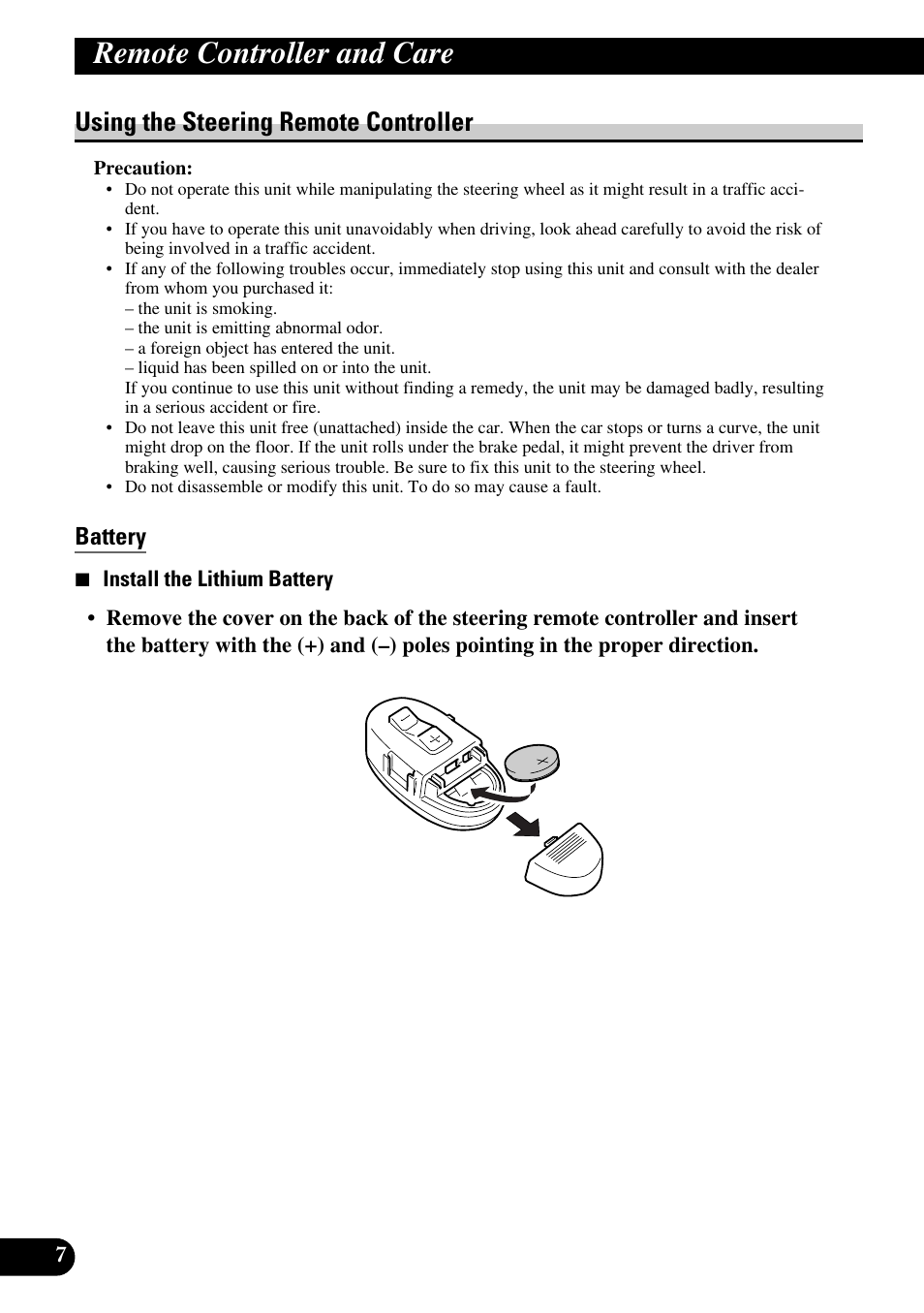 Remote controller and care, Using the steering remote controller, Battery | Pioneer DEH-P6300R User Manual | Page 8 / 140