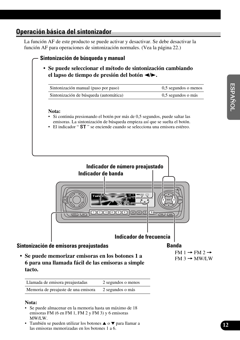 Operación básica del sintonizador, Sintonización de búsqueda y manual, Sintonización de emisoras preajustadas | Banda, Indicador de número preajustado indicador de banda | Pioneer DEH-P6300R User Manual | Page 81 / 140