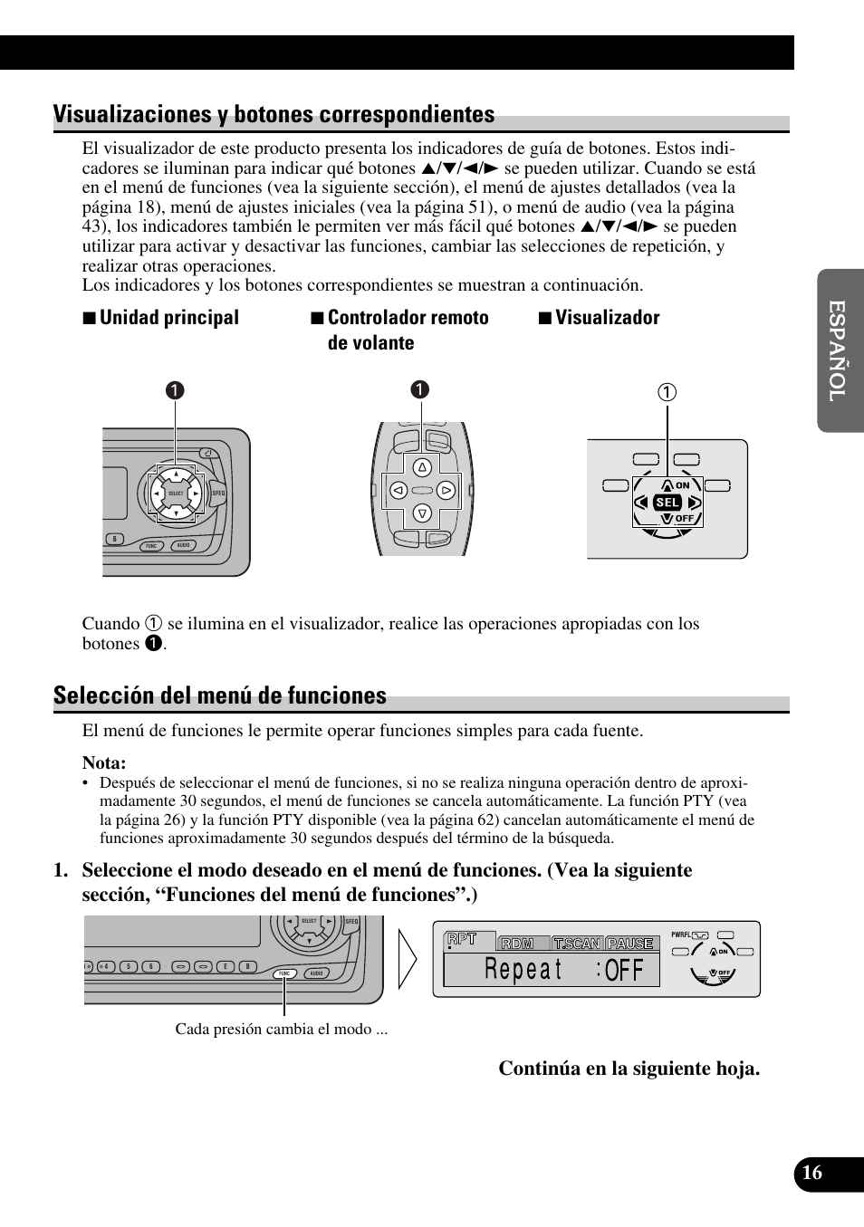 Visualizaciones y botones, Correspondientes, Selección del menú de funciones | Visualizaciones y botones correspondientes | Pioneer DEH-P6300R User Manual | Page 85 / 140