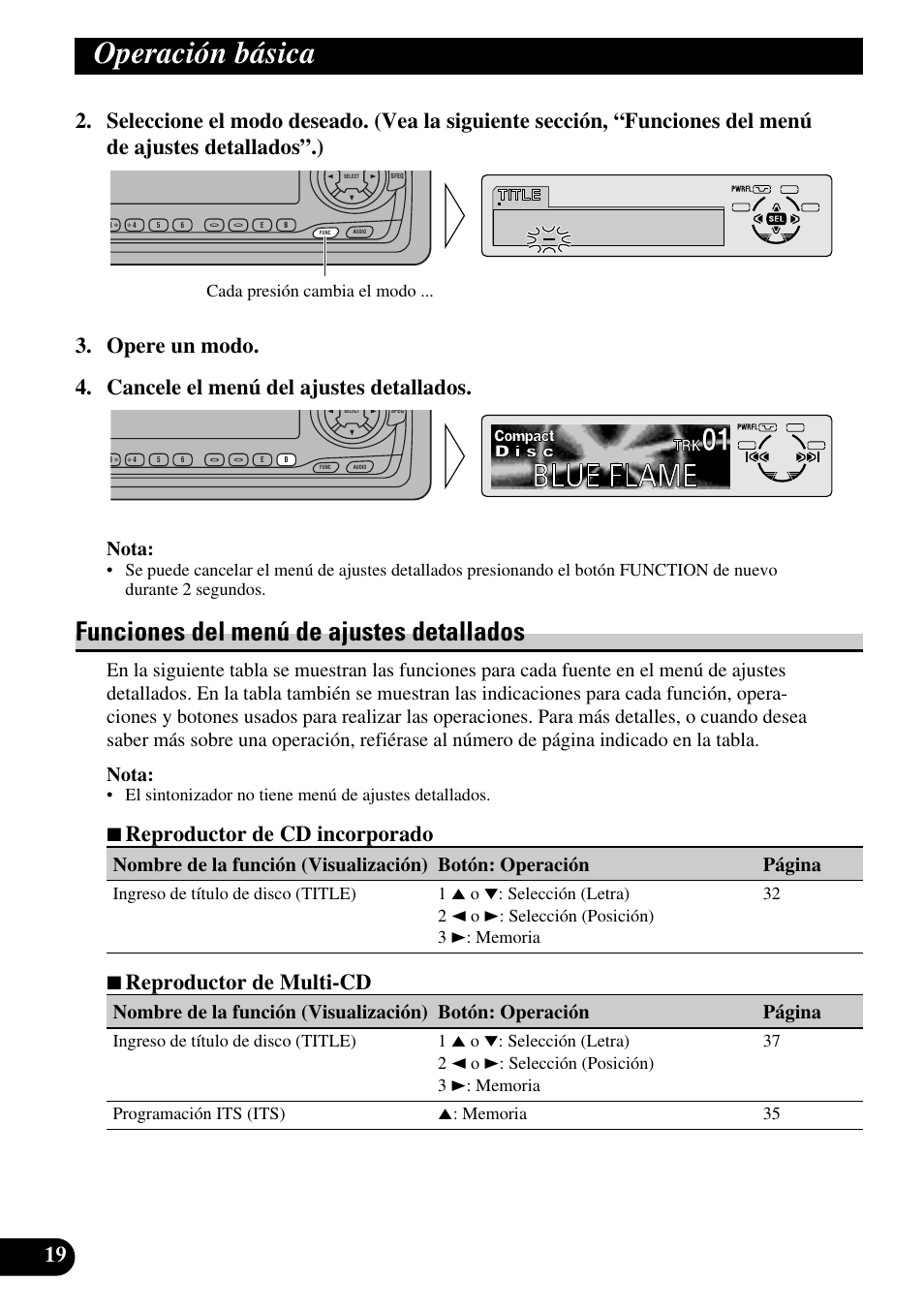 Funciones del menú de ajustes detallados, Operación básica, 7 reproductor de cd incorporado | 7 reproductor de multi-cd, Nota | Pioneer DEH-P6300R User Manual | Page 88 / 140