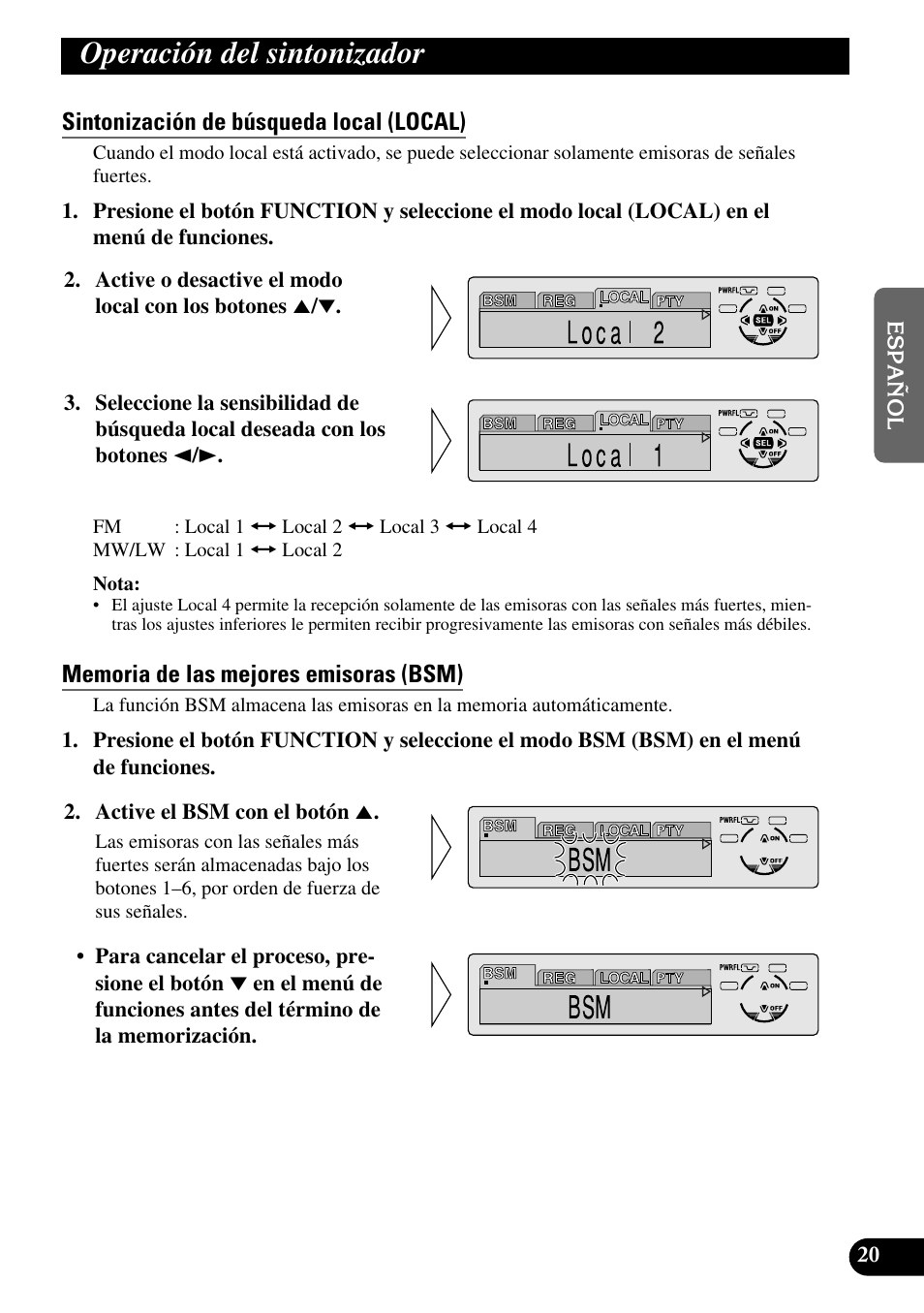 Operación del sintonizador, Sintonización de búsqueda local (local), Memoria de las mejores emisoras (bsm) | Pioneer DEH-P6300R User Manual | Page 89 / 140