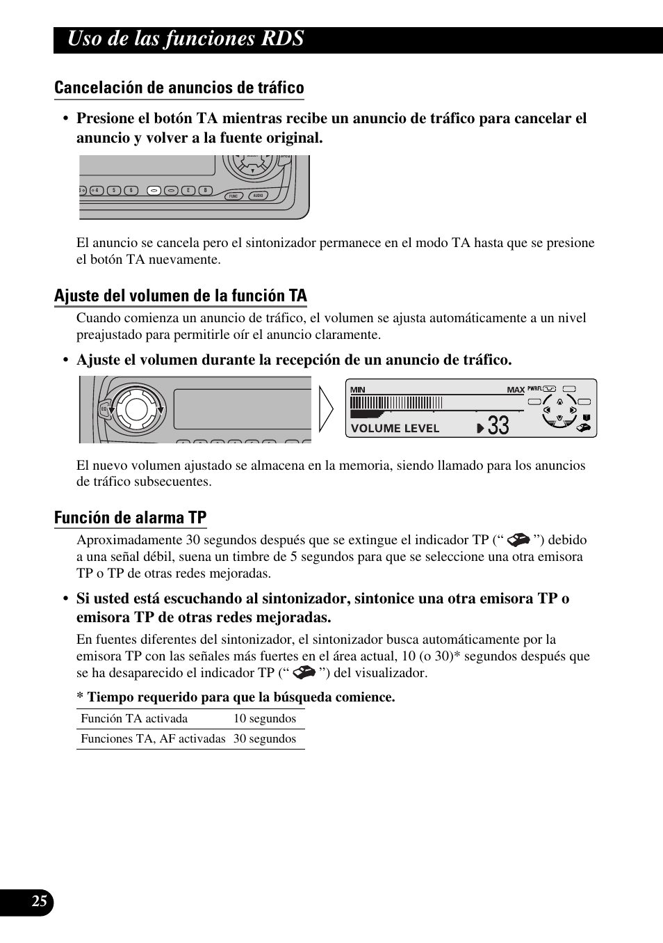 Cancelación de anuncios de tráfico, Ajuste del volumen de la función ta, Función de alarma tp | A title (english), Uso de las funciones rds | Pioneer DEH-P6300R User Manual | Page 94 / 140