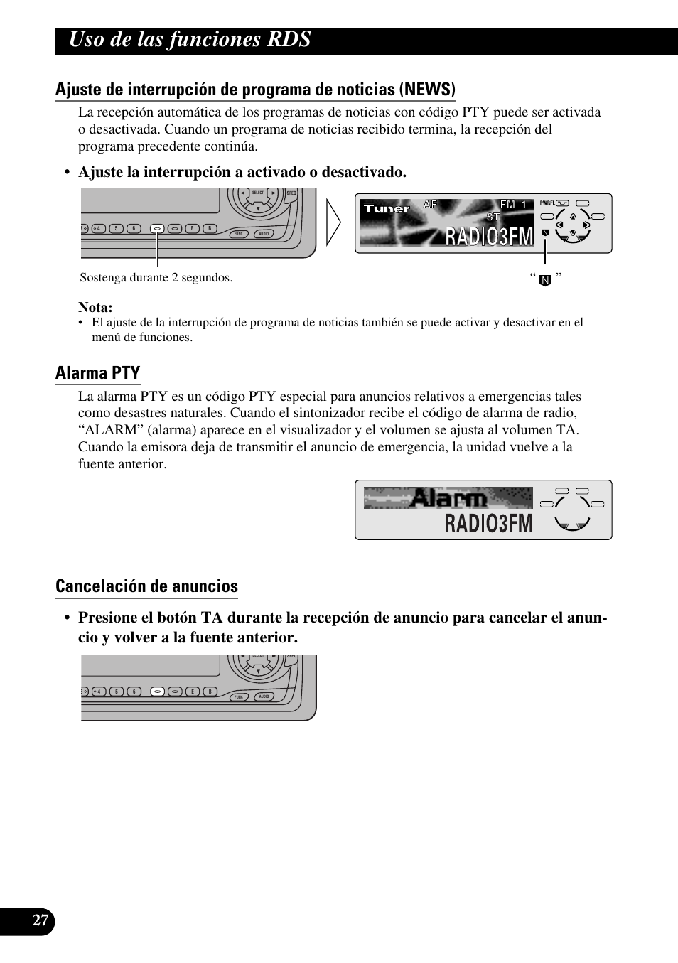 Alarma pty, Cancelación de anuncios, A title (english) | Uso de las funciones rds, Ajuste la interrupción a activado o desactivado, Nota, Sostenga durante 2 segundos | Pioneer DEH-P6300R User Manual | Page 96 / 140