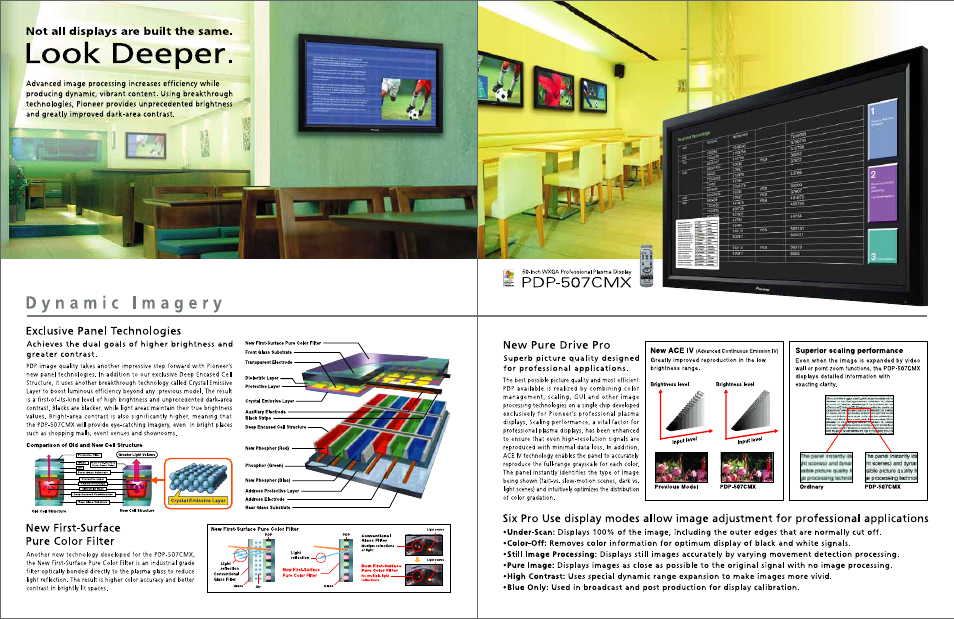 Look deeper, Pdp-507cmx, Exclusive panel technologies | New first-surface pure color filter, New pure drive pro, Not all displays are built the same | Pioneer PDP 507CMX User Manual | Page 2 / 4