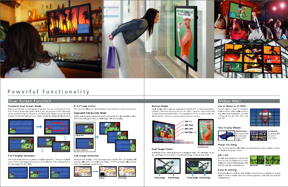 Standard dual screen mode, P-in-p fade in/out, Upgraded side-by-side mode | P-in-p display variations, Sub-image detection, Banner mode, Use as many as 25 pdfs, Two display modes, Pdp-51 )7cvrx yikisr a vw a iwim, Dual image freeze | Pioneer PDP 507CMX User Manual | Page 3 / 4