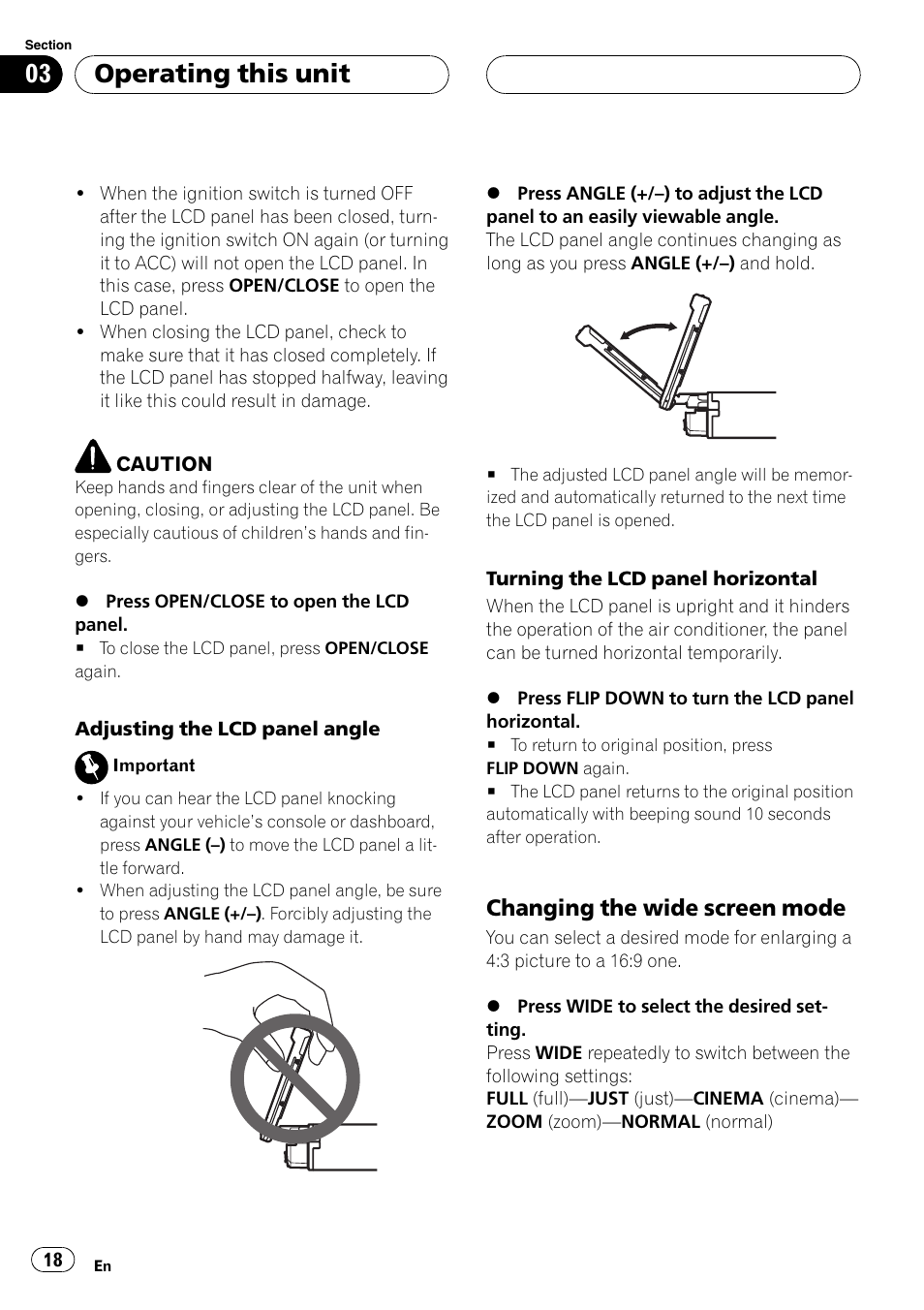 Operating this unit, Changing the wide screen mode | Pioneer Super Tuner III D AVH-P4950DVD User Manual | Page 18 / 85