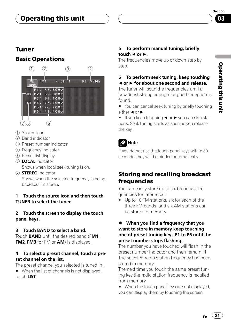 Tuner, Operating this unit | Pioneer Super Tuner III D AVH-P4950DVD User Manual | Page 21 / 85