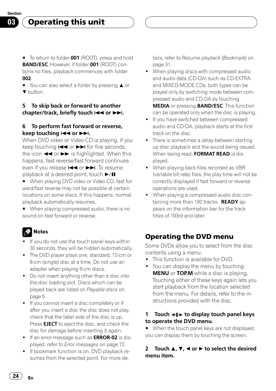 Operating this unit, Operating the dvd menu | Pioneer Super Tuner III D AVH-P4950DVD User Manual | Page 24 / 85