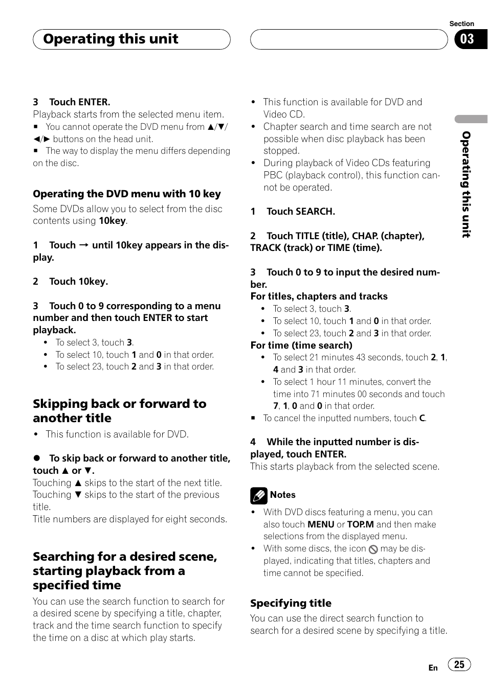 Operating this unit, Skipping back or forward to another title | Pioneer Super Tuner III D AVH-P4950DVD User Manual | Page 25 / 85