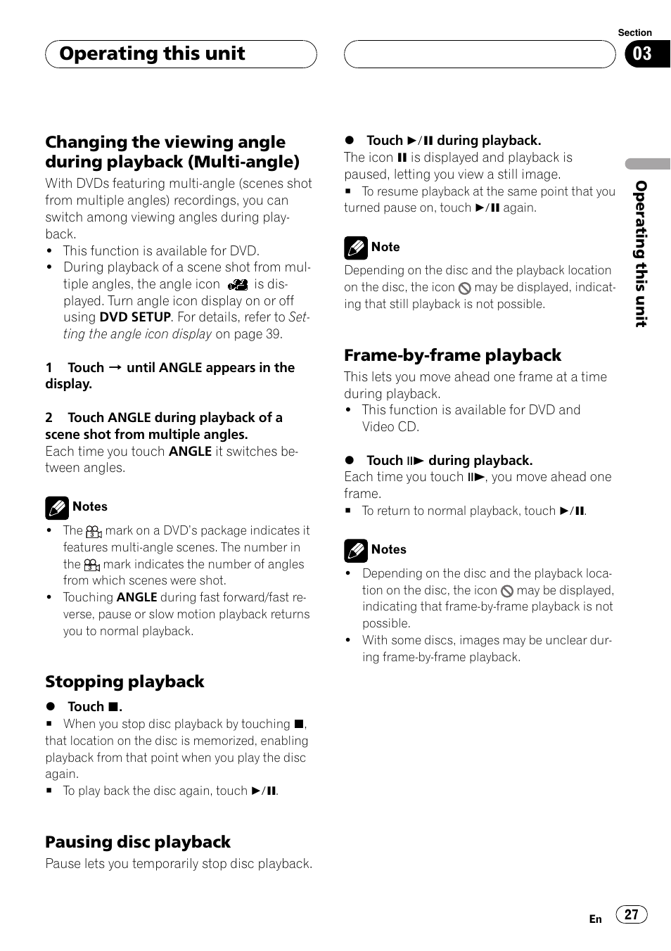 Operating this unit, Stopping playback, Pausing disc playback | Frame-by-frame playback | Pioneer Super Tuner III D AVH-P4950DVD User Manual | Page 27 / 85