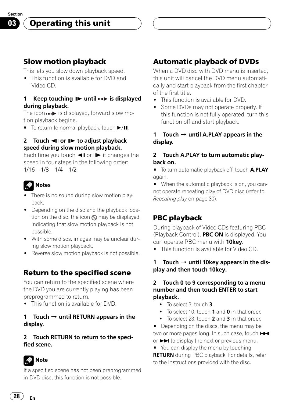 Operating this unit, Slow motion playback, Return to the specified scene | Automatic playback of dvds, Pbc playback | Pioneer Super Tuner III D AVH-P4950DVD User Manual | Page 28 / 85