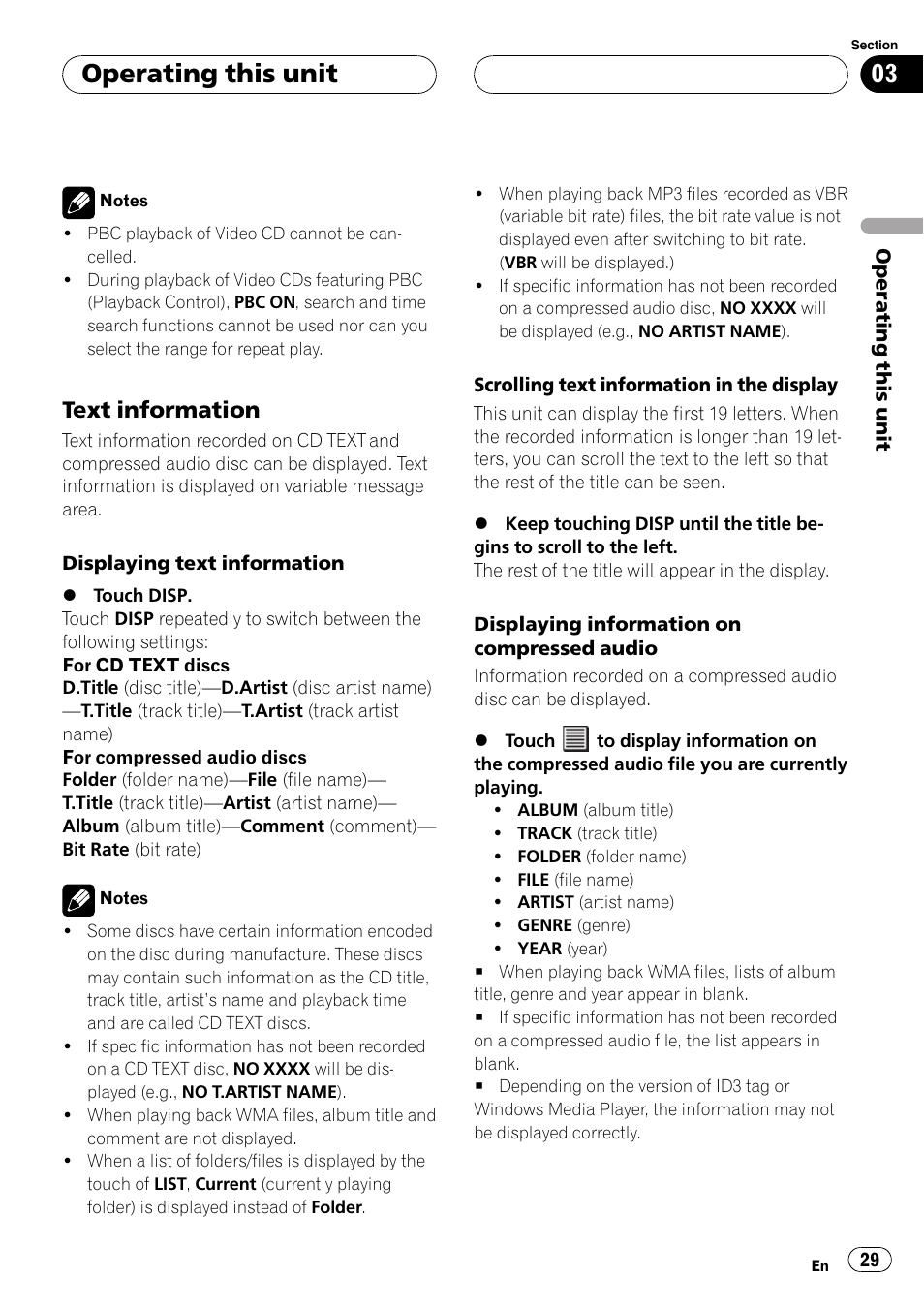Operating this unit, Text information | Pioneer Super Tuner III D AVH-P4950DVD User Manual | Page 29 / 85