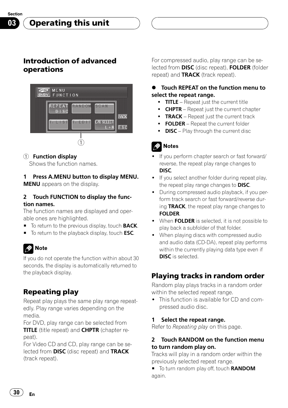 Operating this unit, Introduction of advanced operations, Repeating play | Playing tracks in random order | Pioneer Super Tuner III D AVH-P4950DVD User Manual | Page 30 / 85
