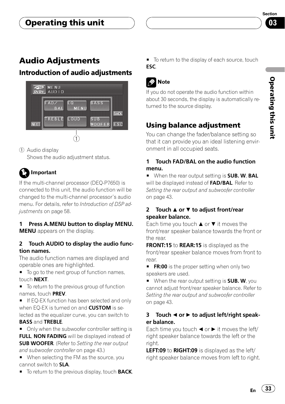 Audio adjustments, Operating this unit, Introduction of audio adjustments | Using balance adjustment | Pioneer Super Tuner III D AVH-P4950DVD User Manual | Page 33 / 85