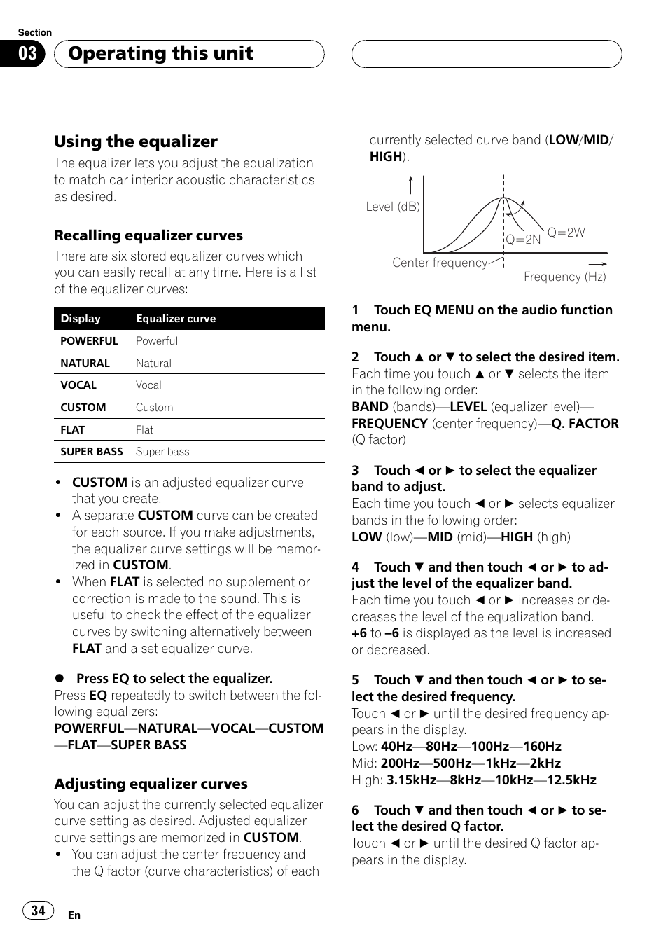 Operating this unit, Using the equalizer | Pioneer Super Tuner III D AVH-P4950DVD User Manual | Page 34 / 85