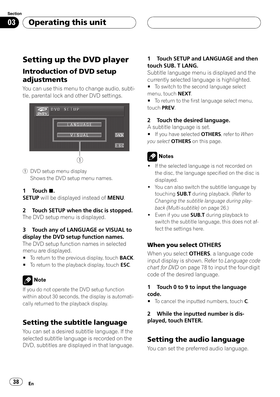 Setting up the dvd player, Operating this unit, Introduction of dvd setup adjustments | Setting the subtitle language, Setting the audio language | Pioneer Super Tuner III D AVH-P4950DVD User Manual | Page 38 / 85
