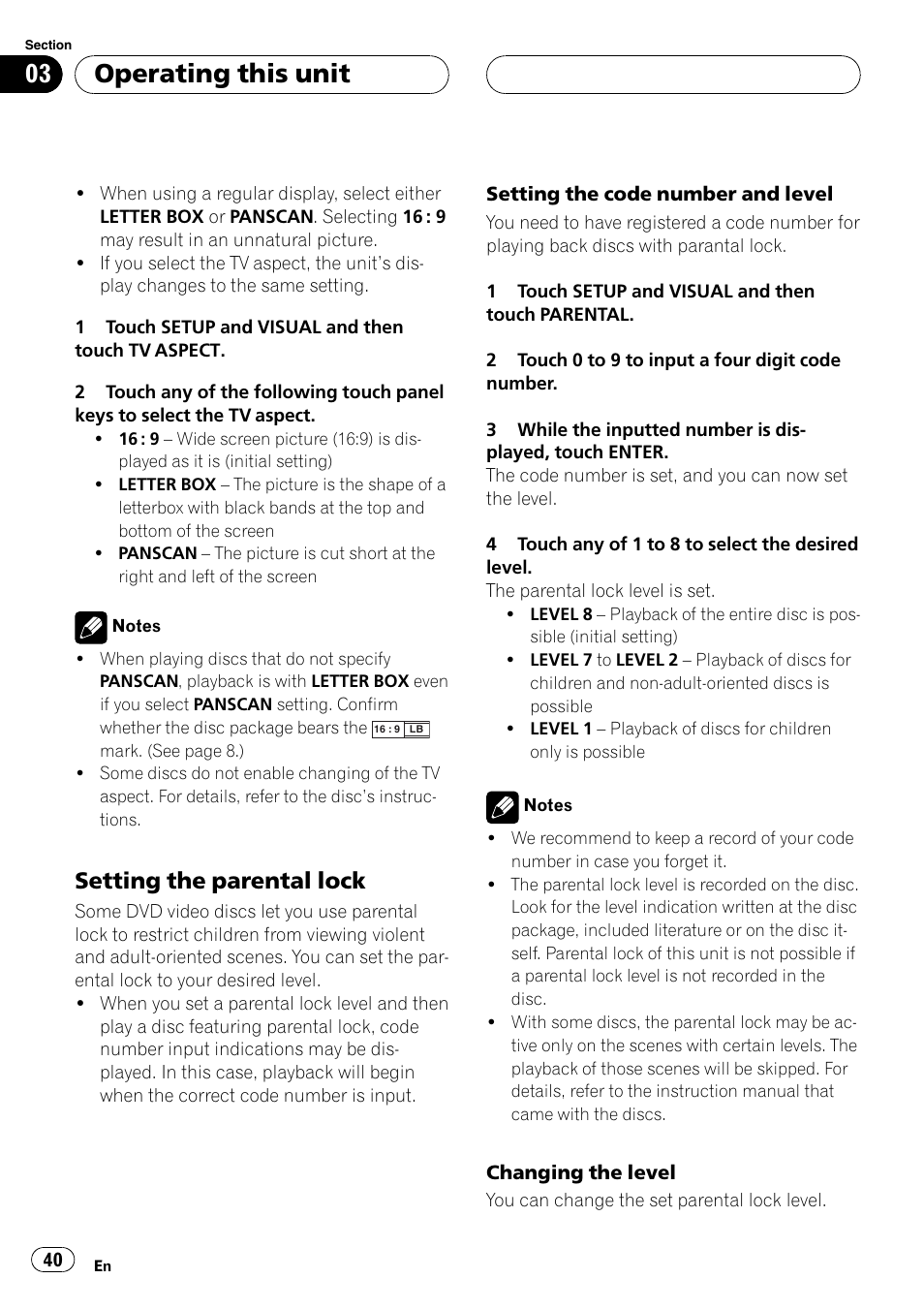 Operating this unit, Setting the parental lock | Pioneer Super Tuner III D AVH-P4950DVD User Manual | Page 40 / 85