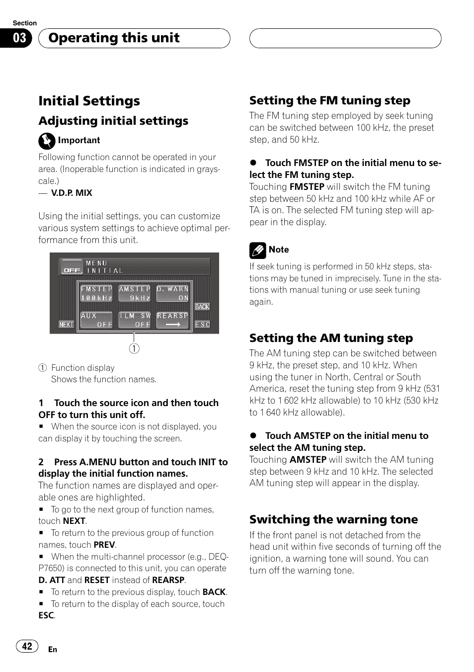 Initial settings, Operating this unit, Adjusting initial settings | Setting the fm tuning step, Setting the am tuning step, Switching the warning tone | Pioneer Super Tuner III D AVH-P4950DVD User Manual | Page 42 / 85