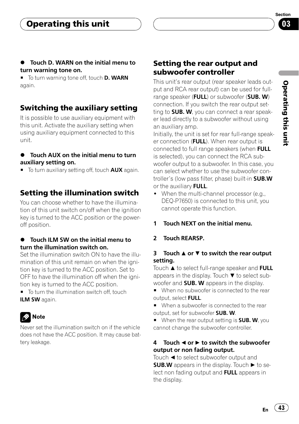 Operating this unit, Switching the auxiliary setting, Setting the illumination switch | Setting the rear output and subwoofer controller | Pioneer Super Tuner III D AVH-P4950DVD User Manual | Page 43 / 85