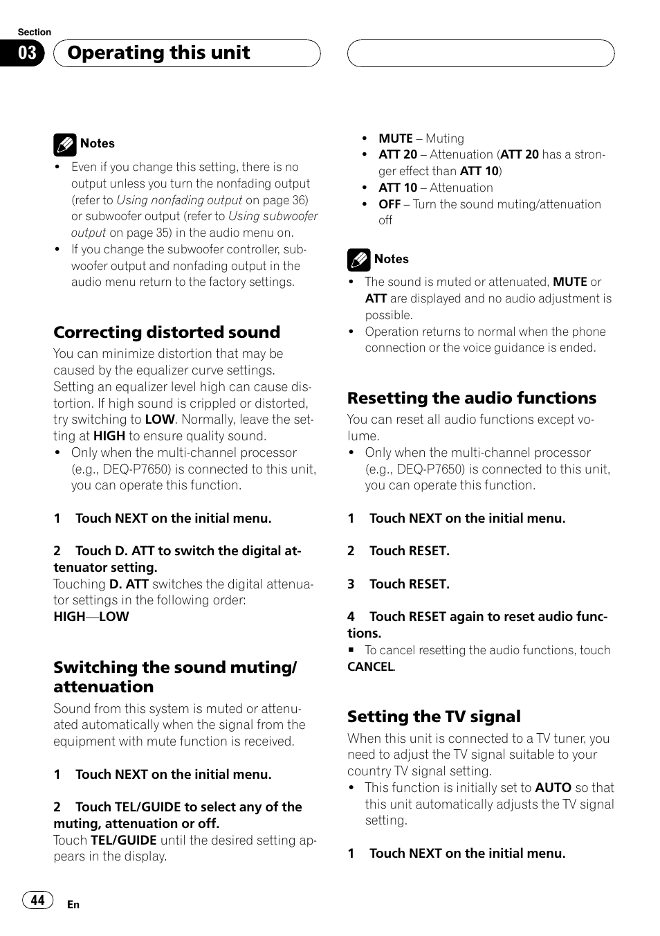 Operating this unit, Correcting distorted sound, Switching the sound muting/ attenuation | Resetting the audio functions, Setting the tv signal | Pioneer Super Tuner III D AVH-P4950DVD User Manual | Page 44 / 85