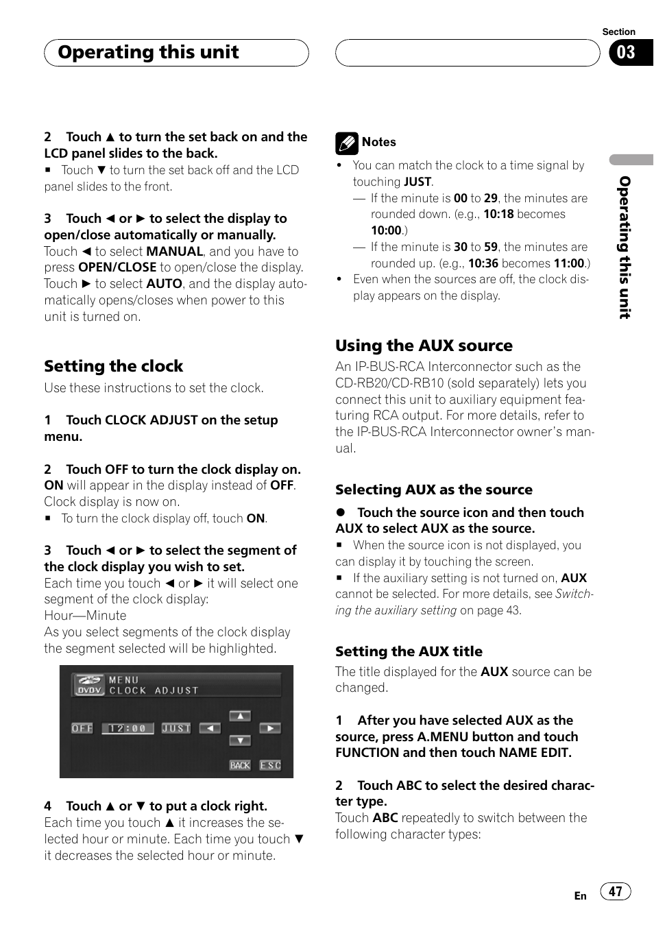 Operating this unit, Setting the clock, Using the aux source | Pioneer Super Tuner III D AVH-P4950DVD User Manual | Page 47 / 85
