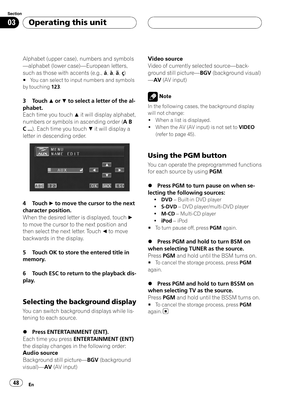 Operating this unit, Selecting the background display, Using the pgm button | Pioneer Super Tuner III D AVH-P4950DVD User Manual | Page 48 / 85
