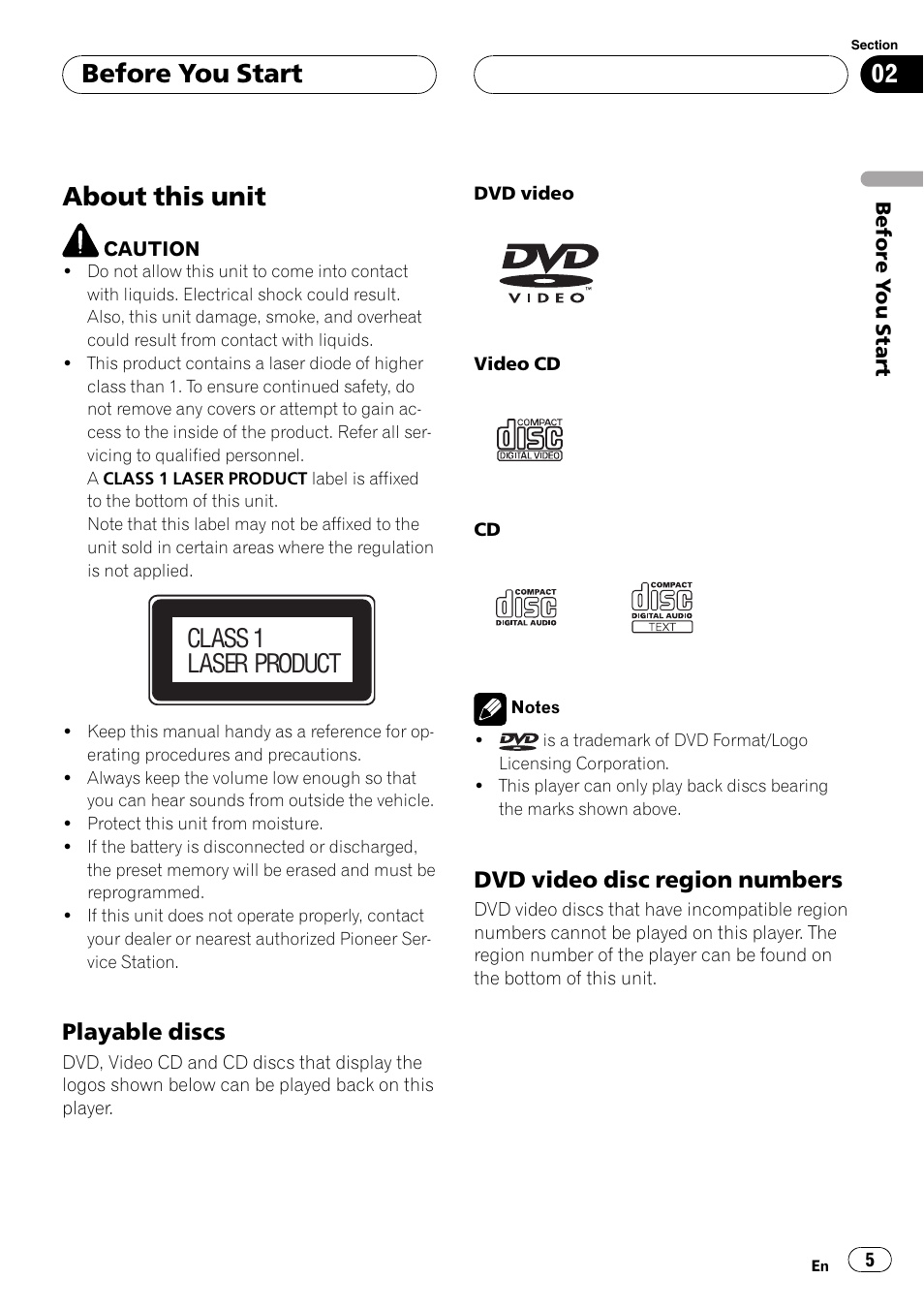Playable discs 5, Dvd video disc region numbers 5, Before you start about this unit | About this unit, Before you start, Class 1 laser product, Playable discs, Dvd video disc region numbers | Pioneer Super Tuner III D AVH-P4950DVD User Manual | Page 5 / 85