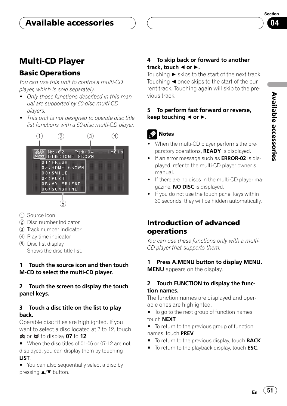 Multi-cd player, Available accessories, Basic operations | Introduction of advanced operations | Pioneer Super Tuner III D AVH-P4950DVD User Manual | Page 51 / 85