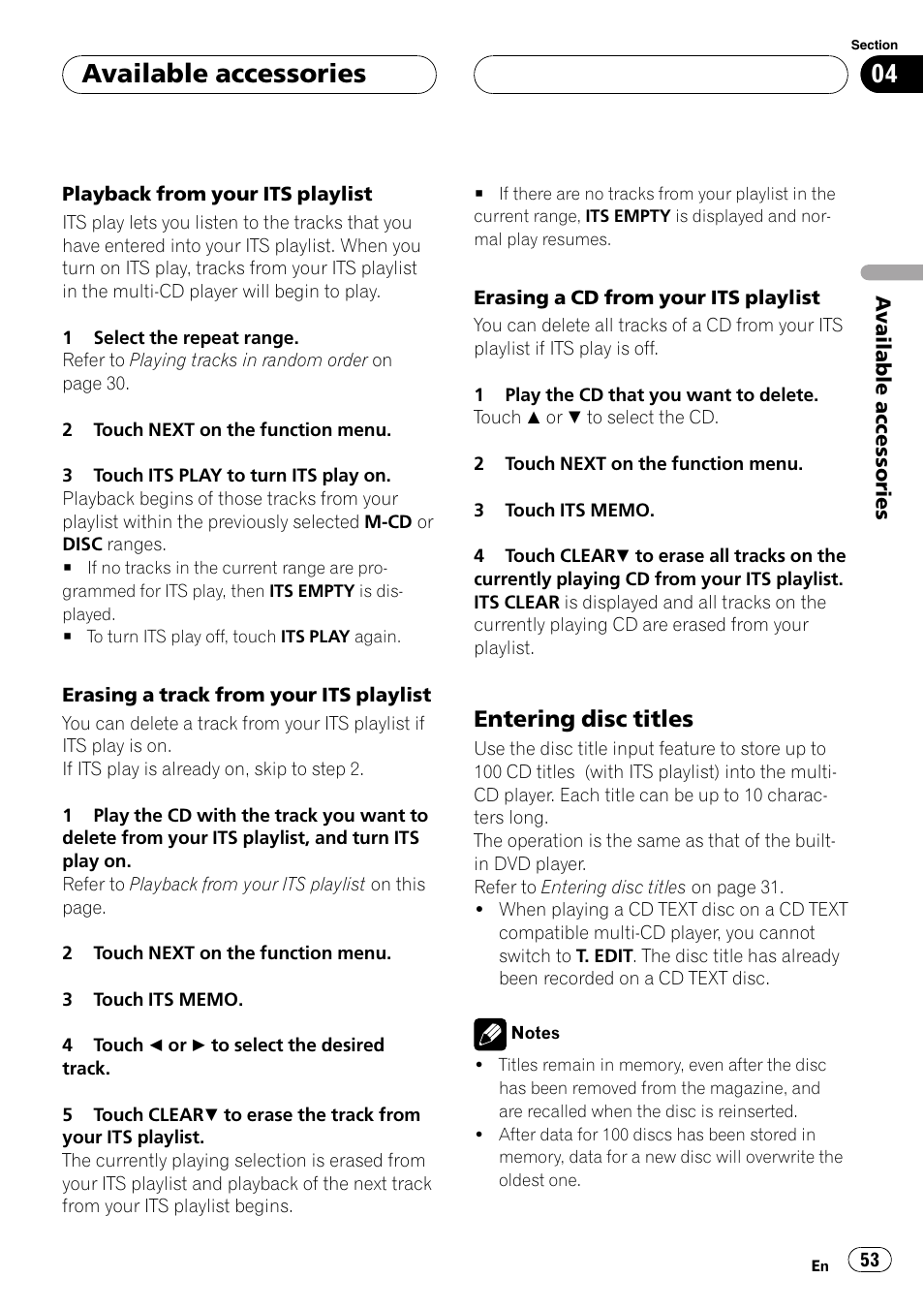 Available accessories, Entering disc titles | Pioneer Super Tuner III D AVH-P4950DVD User Manual | Page 53 / 85