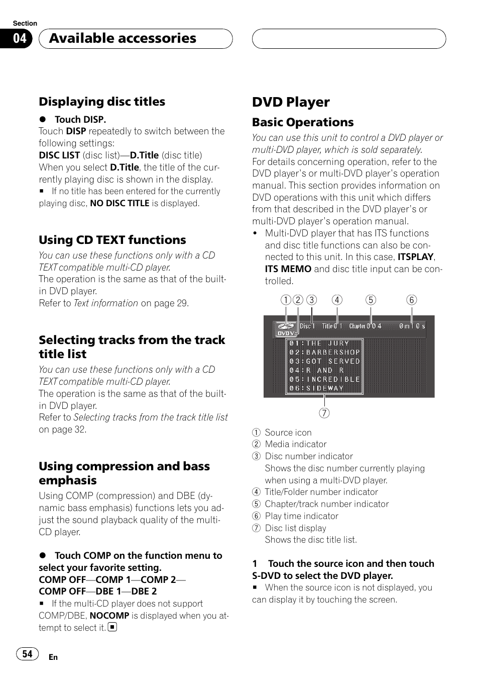 Dvd player, Available accessories | Pioneer Super Tuner III D AVH-P4950DVD User Manual | Page 54 / 85
